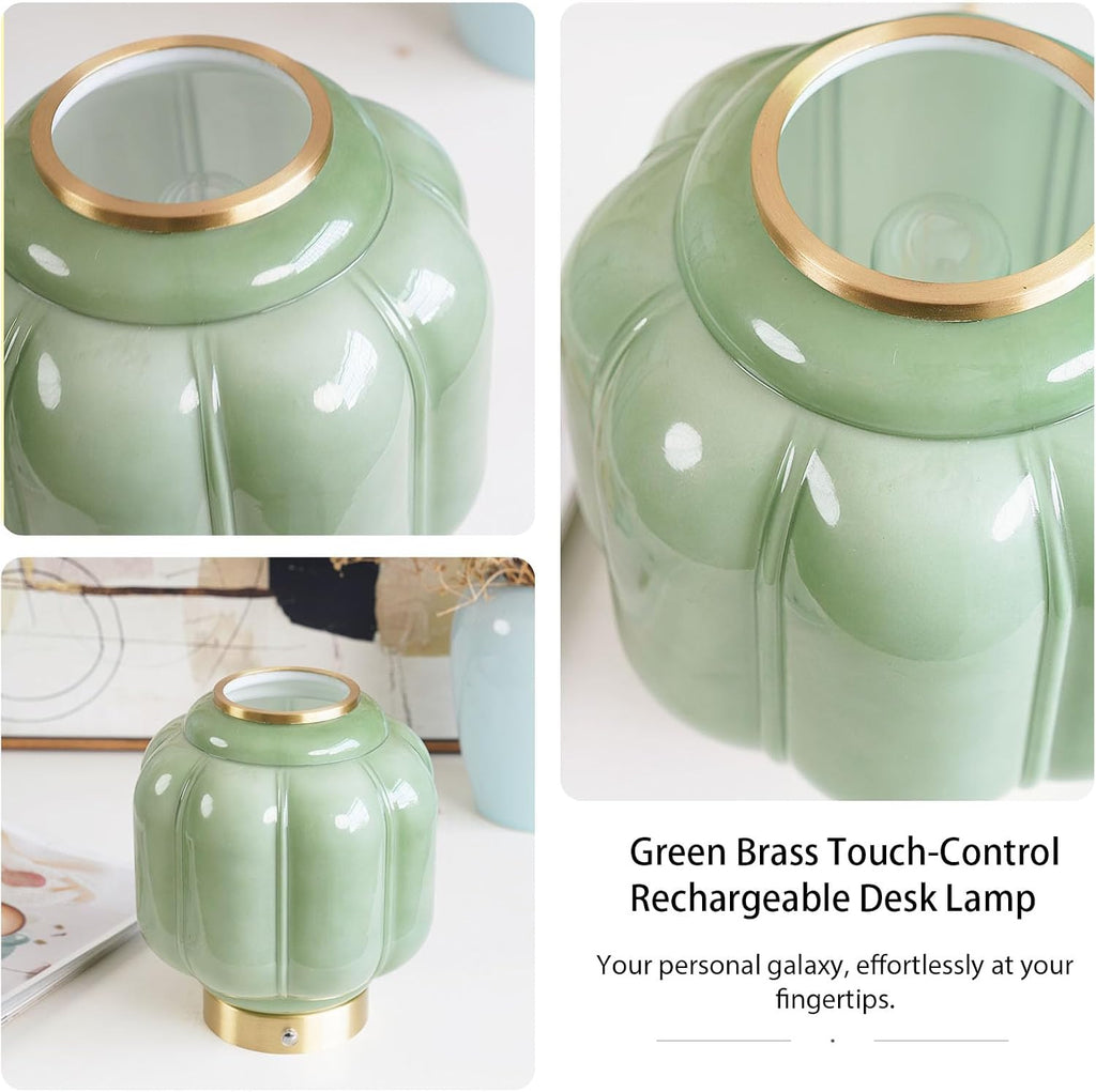 Vintage Green Mushroom Table Lamp, Cordless Rechargeable Touch Dimmable Lamp, Brass Base with Jadeite Glass Shade for Living Room…