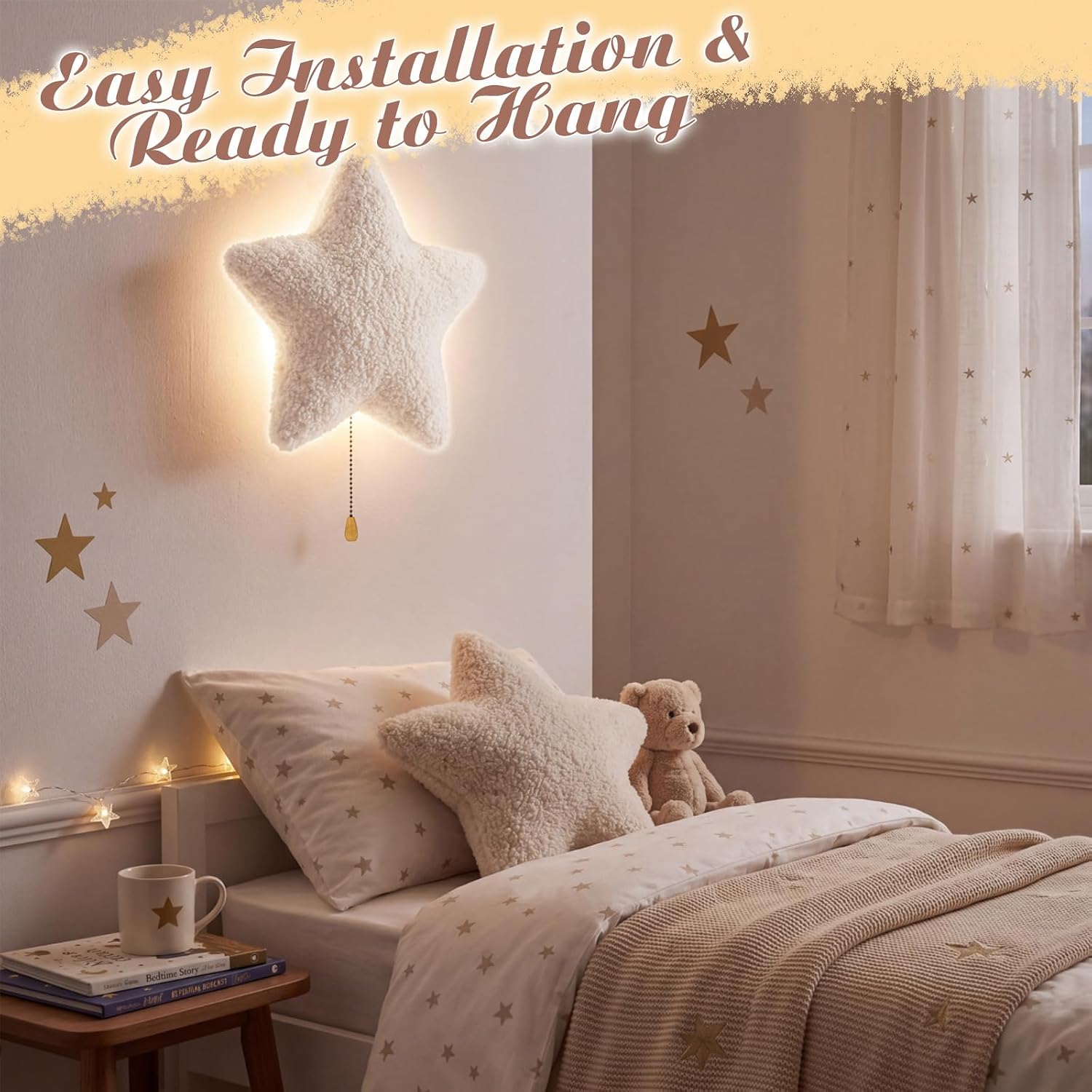 Aurelema Fluffy Star Night Light Wall Lamp Sleeping Nursery Lighting Cute Floating Battery Operated Hanging Lamp for Baby Boys Girls…