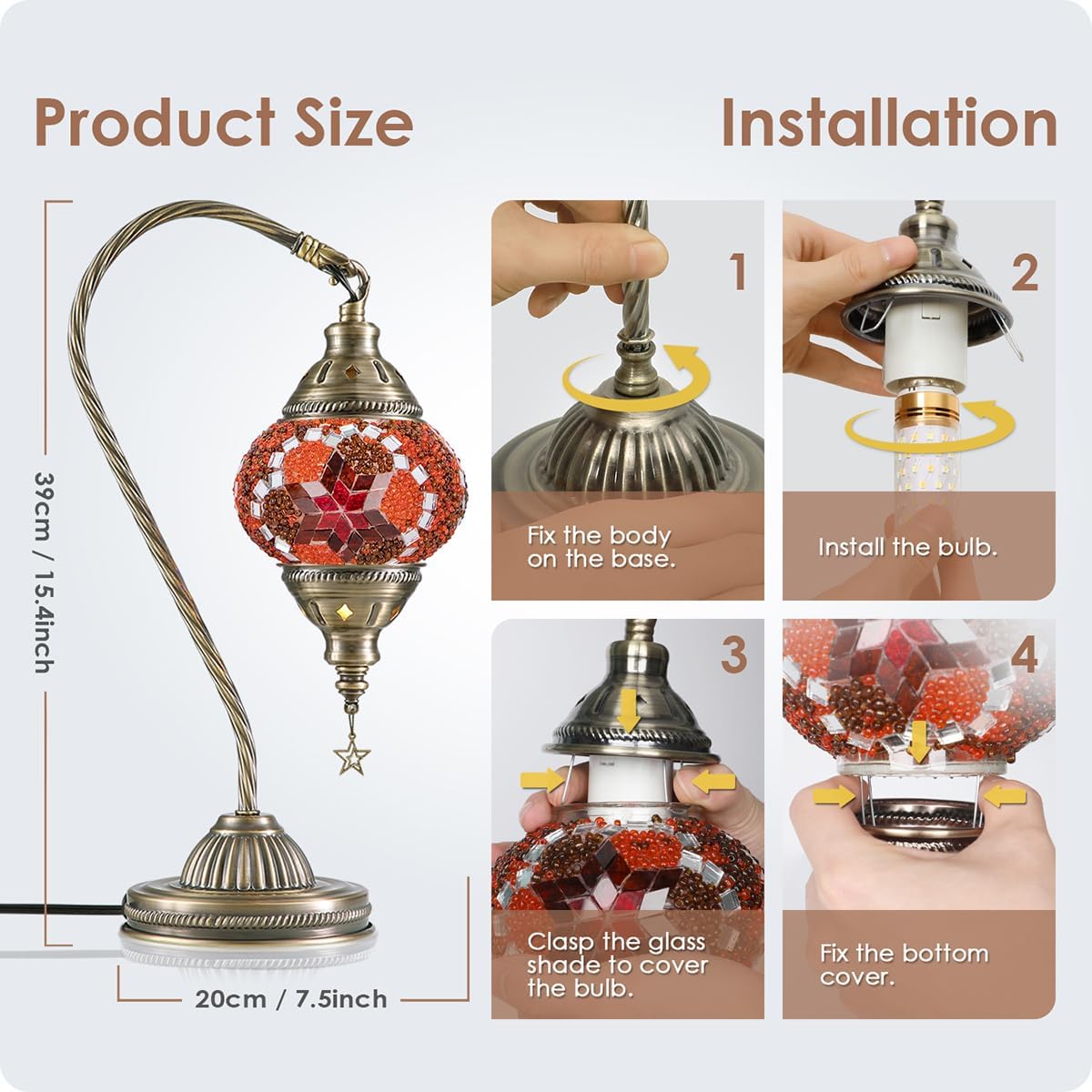 Yarra-Decor Turkish Moroccan Lamp with Bronze Base 3-Way Color Changing Handmade Swan Neck Tiffany Mosaic Glass Bedside Lamps for Bedroom…