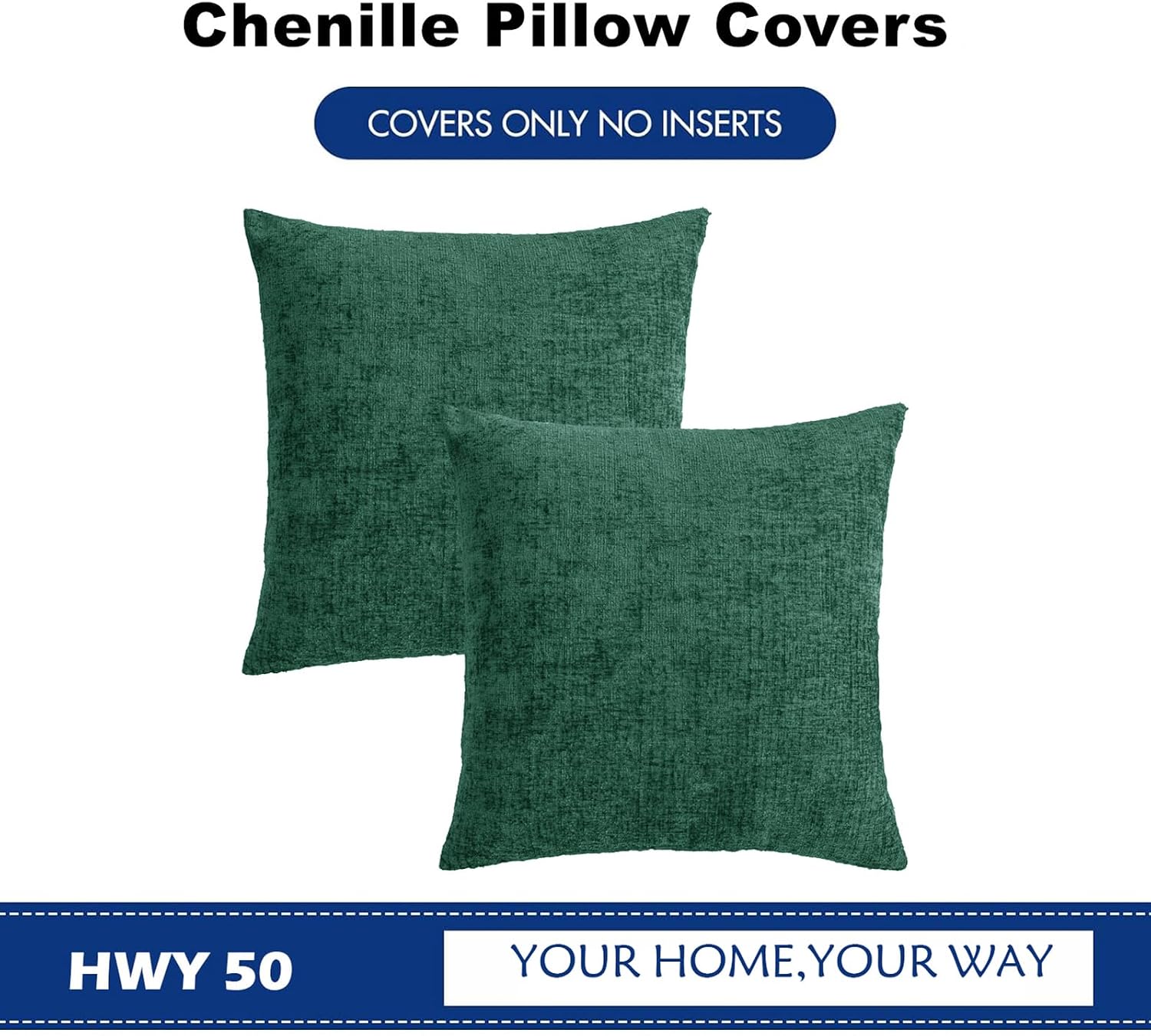 Hwy50 HWY 50 Dark Green Couch Pillow Covers 22x22 Inch Pack of 2, Soft Chenille Decorative Throw Pillow Cases Farmhouse for Sofa Living Roo…