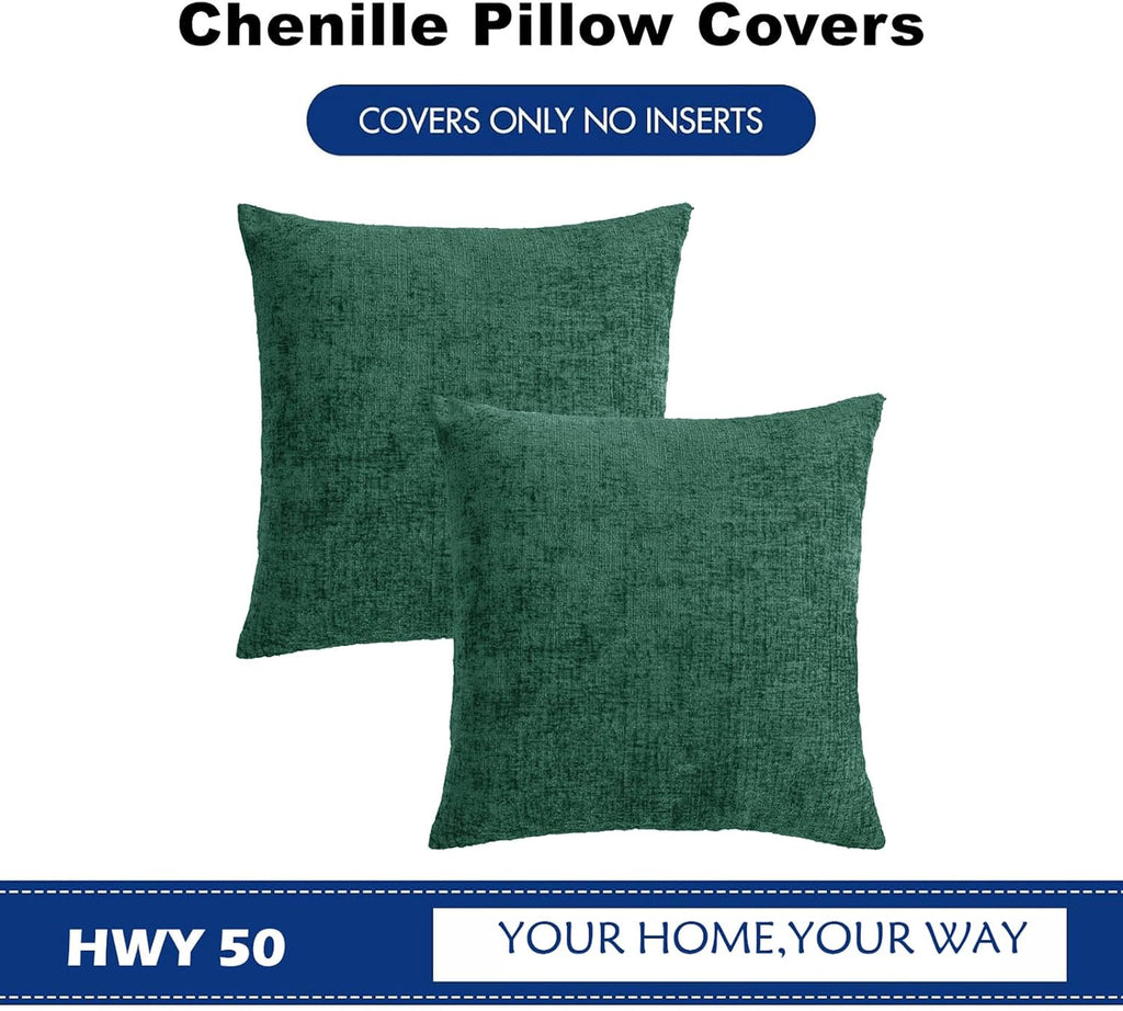 Hwy50 HWY 50 Dark Green Couch Pillow Covers 18x18 Inch Pack of 2, Soft Chenille Decorative Throw Pillow Cases Farmhouse for Sofa Living Roo…