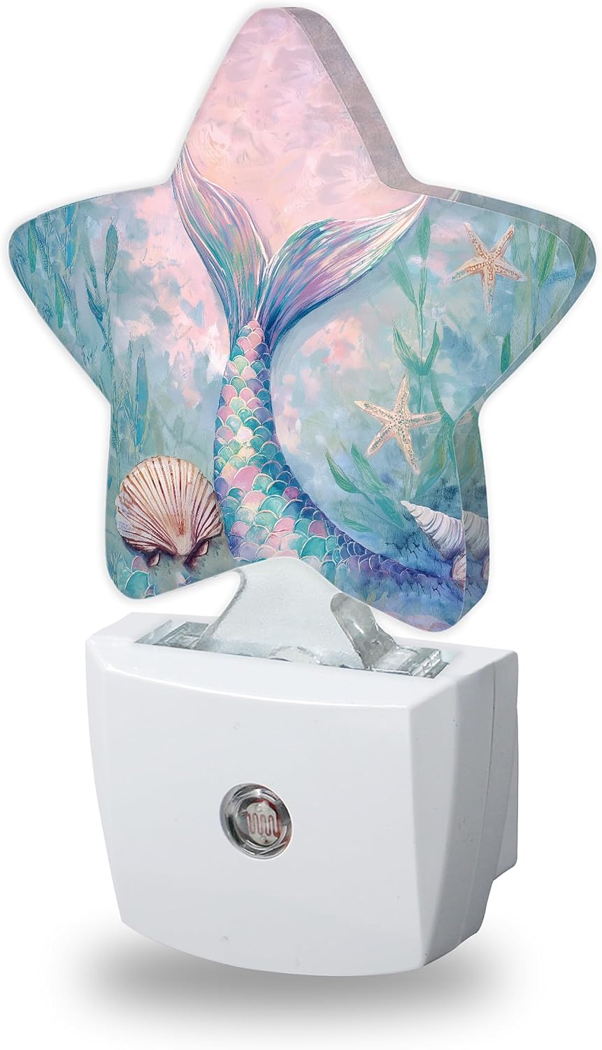 Cute Mermaid Tail Night Lights Plug Into Wall, Seashell Dusk to Dawn Light Sensor Night Light for Kids, Energy Efficient Sleep Friendly…