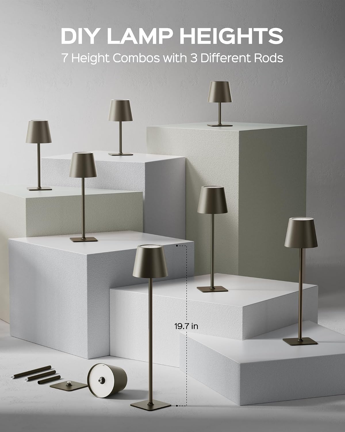JACKYLED Cordless Lamp DIY Height, 3 Color Stepless Dimming, 5000mAh Battery Operated Lamp Portable Rechargeable for Bedroom Dinning…