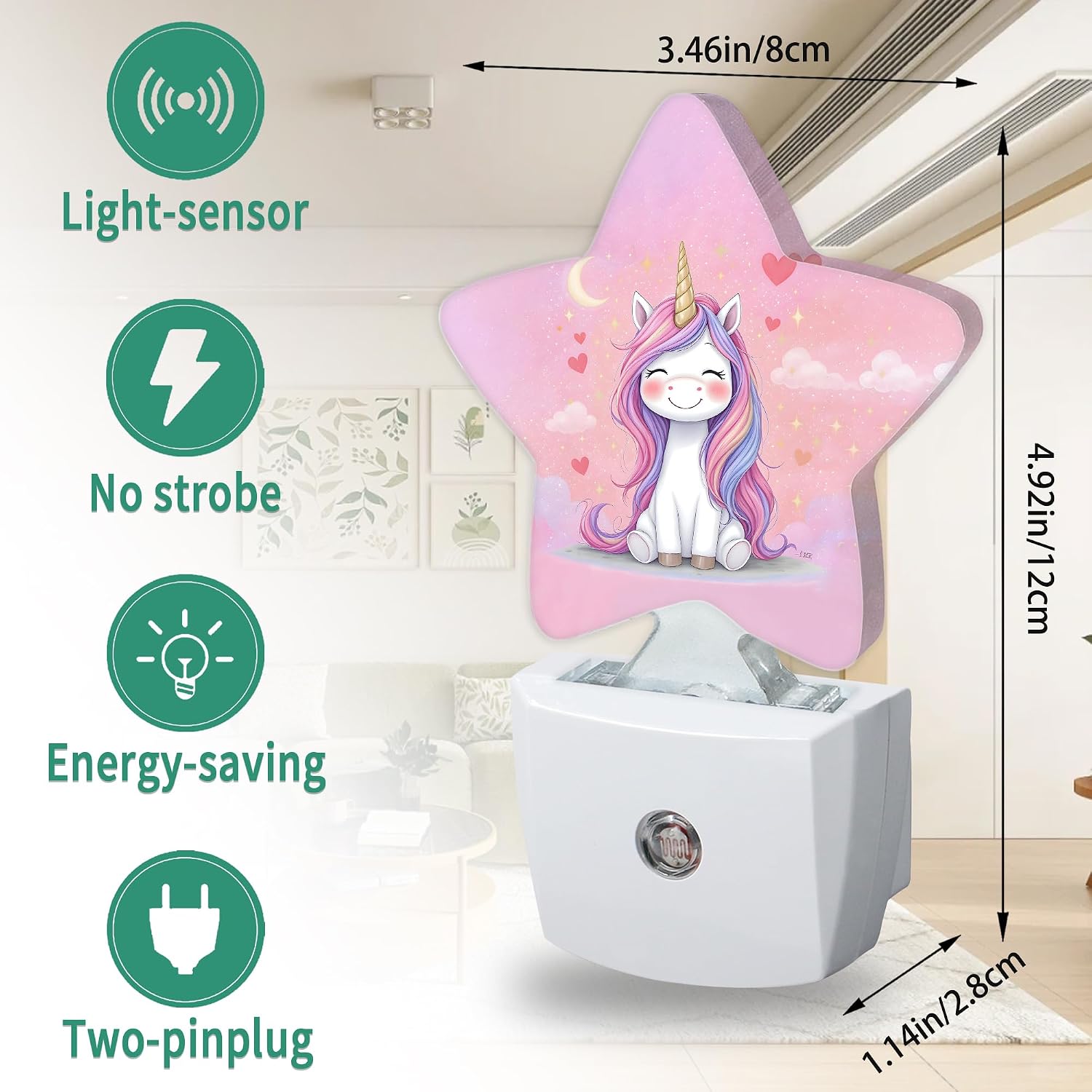 Star Night Light Plug in, Pink Unicorn Dusk to Dawn Sensor Night Light, Soft Glow Lamp for Kids Bedroom Nursery Hallway Bathroom, Energy…