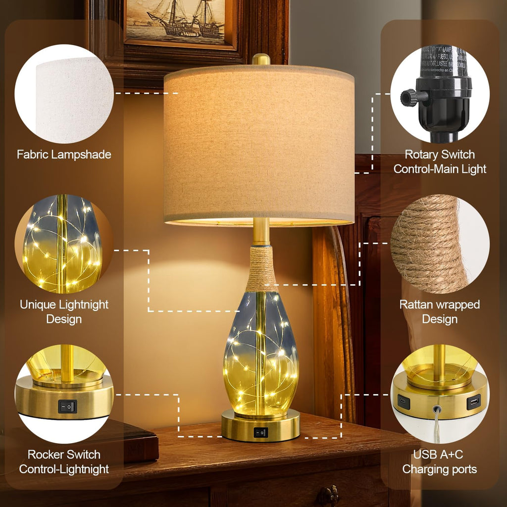 OYEARS 23" Table Lamps for Living Room Set of 2, Bedside Lamps for Night Stands, Rattan Lamps for Bedroom, Farmhouse Lamps with Glass…