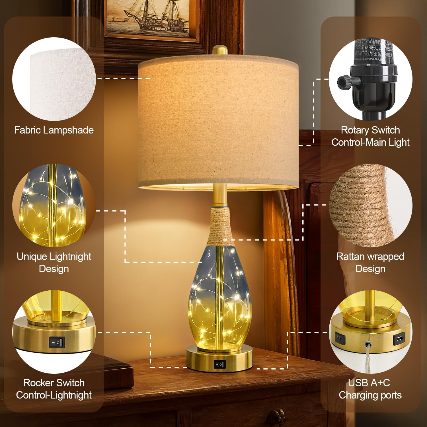OYEARS 23" Table Lamps for Living Room Set of 2, Bedside Lamps for Night Stands, Rattan Lamps for Bedroom, Farmhouse Lamps with Glass…