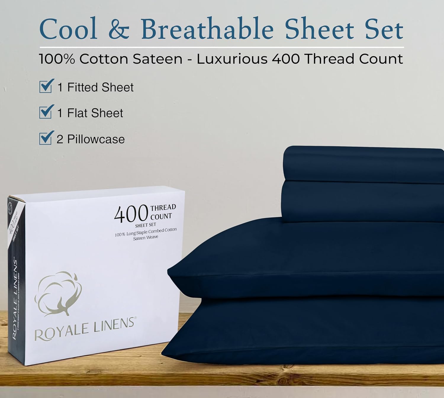 Royalelinens ROYALE LINENS 400 Thread Count 100% American Grown Cotton 4 Piece Sateen King Sheet Set - 1 Fitted Sheet, 1 Flat Sheet, 2 Pill…