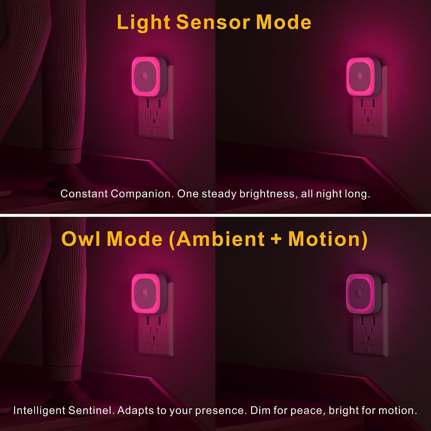 YUNLEX 2 Pack Plug in Night Light with Motion Sensor & Dusk to Dawn Sensor, Soft Pink Glow for Bedroom, Hallway, Girls Room, 3 Sensor…