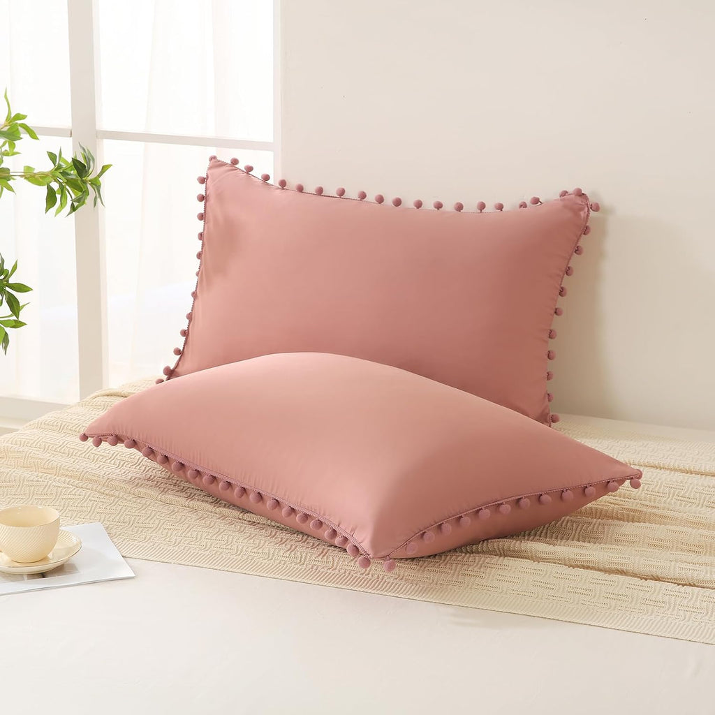 Moveover Bean Paste Pink Pom Poms Pillowcases, Standard Queen Pillow Cases Set of 2, 100% Washed Microfiber, Pink Ball Fringe Pillow Cover,…