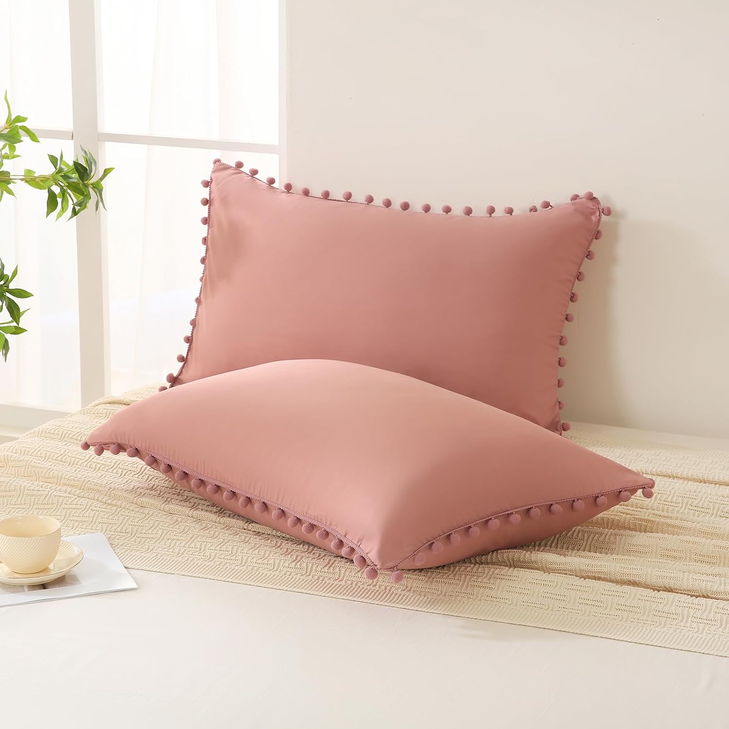 Moveover Bean Paste Pink Pom Poms Pillow Cases, Boho Pillowcases Set of 2, 100% Soft Washed Microfiber, Pink Pillow Shams King, 2 Pack (Kin…