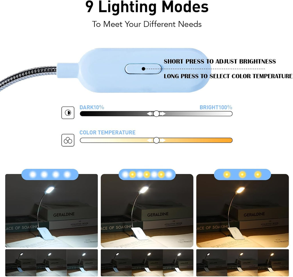 Vavofo Rechargeable Book Light for Reading in Bed Kids, 7 LED Reading Light with 9-Level Warm Cool White Daylight, Eye comfort Lamp with…