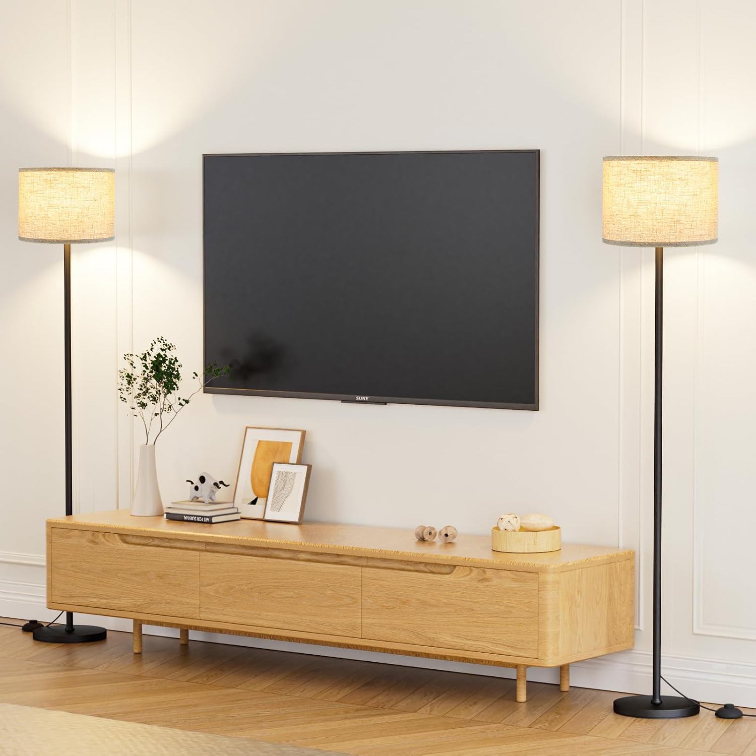 Ambimall 60'' Modern Floor Lamp Set of 2, 2PK Tall Lamps for Living Room Bedroom, Beige Shade with Black Pole(Without Bulb) 2 PCS Black