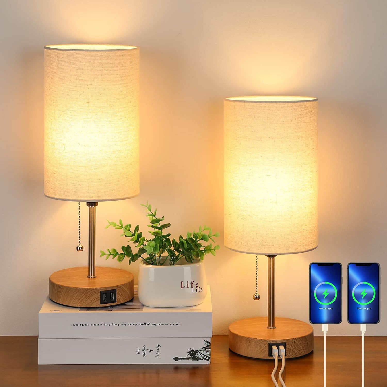 Lakumu Set of 2 Table Lamps with 2 USB Ports, Modern Bedside, Desk Lamps with Pull Chain, Nightstand Lamps with Cream Fabric Shade and…