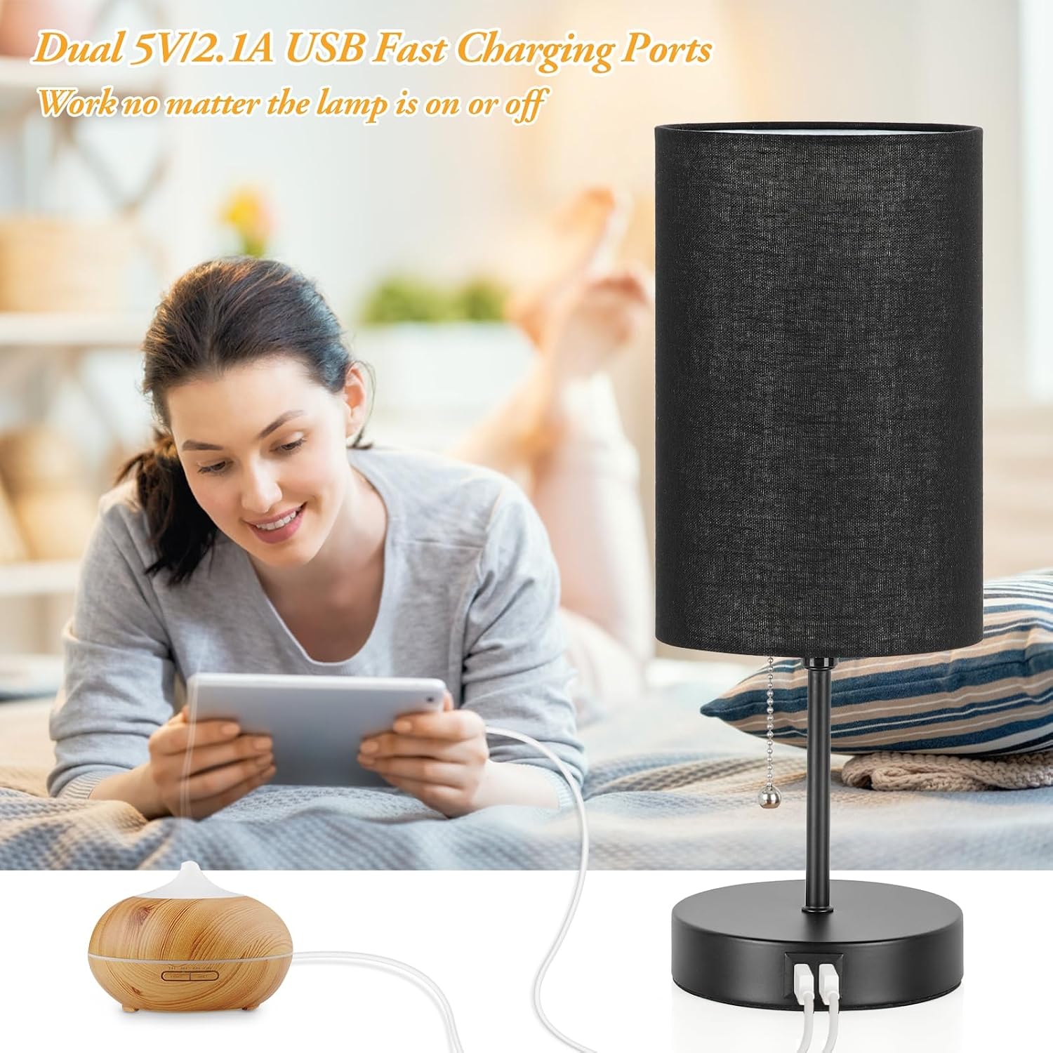 Set of 2 Table Lamps with 2 USB Ports, Bedside Lamps for Bedrooms, Modern Nightstand Lamps with Pull Chain, Minimalist Desk Lamps with…