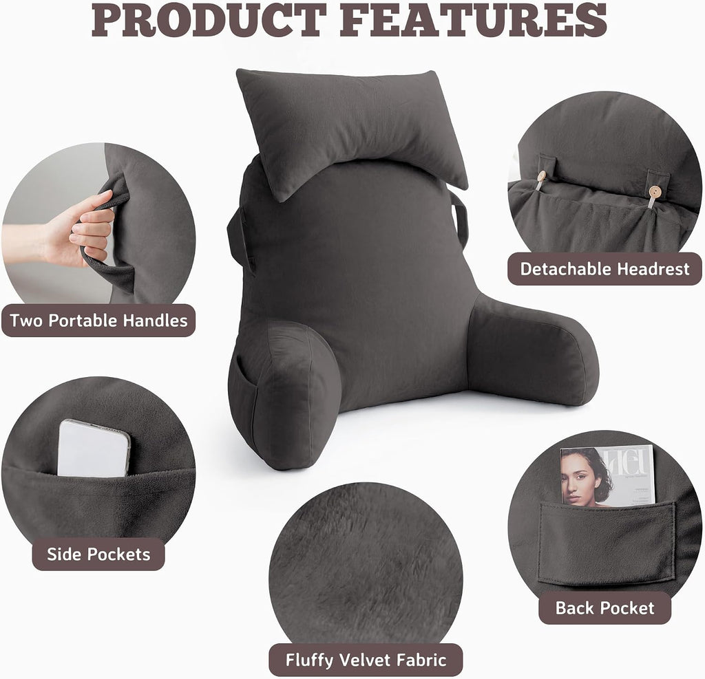 Unisakey Portable Reading Pillows with Headrest for Bed Sitting Up(Light Grey Oeko-Tex), Velvet Back Pillow with Arms & Pockets for…