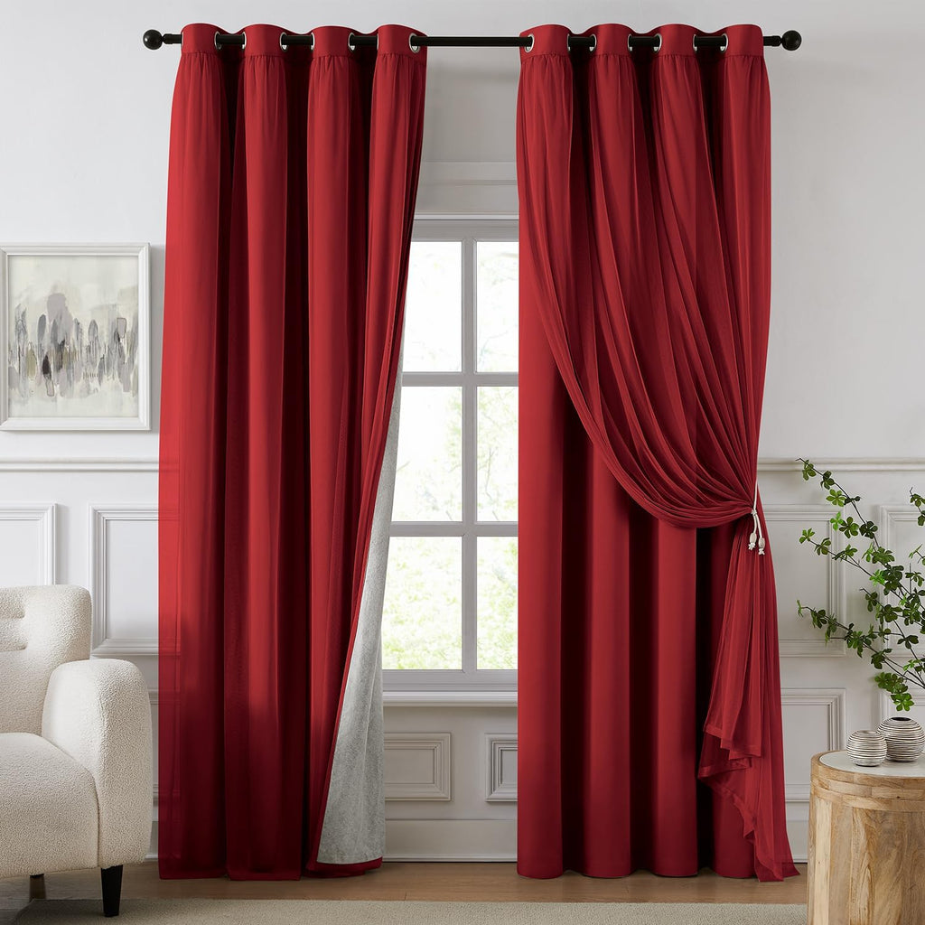 Swandream 100% Blackout Curtains for Bedroom, Double Layer Red Curtains, Black Out Curtain 84 inch Long with Sheer Overlay for Living Room,…