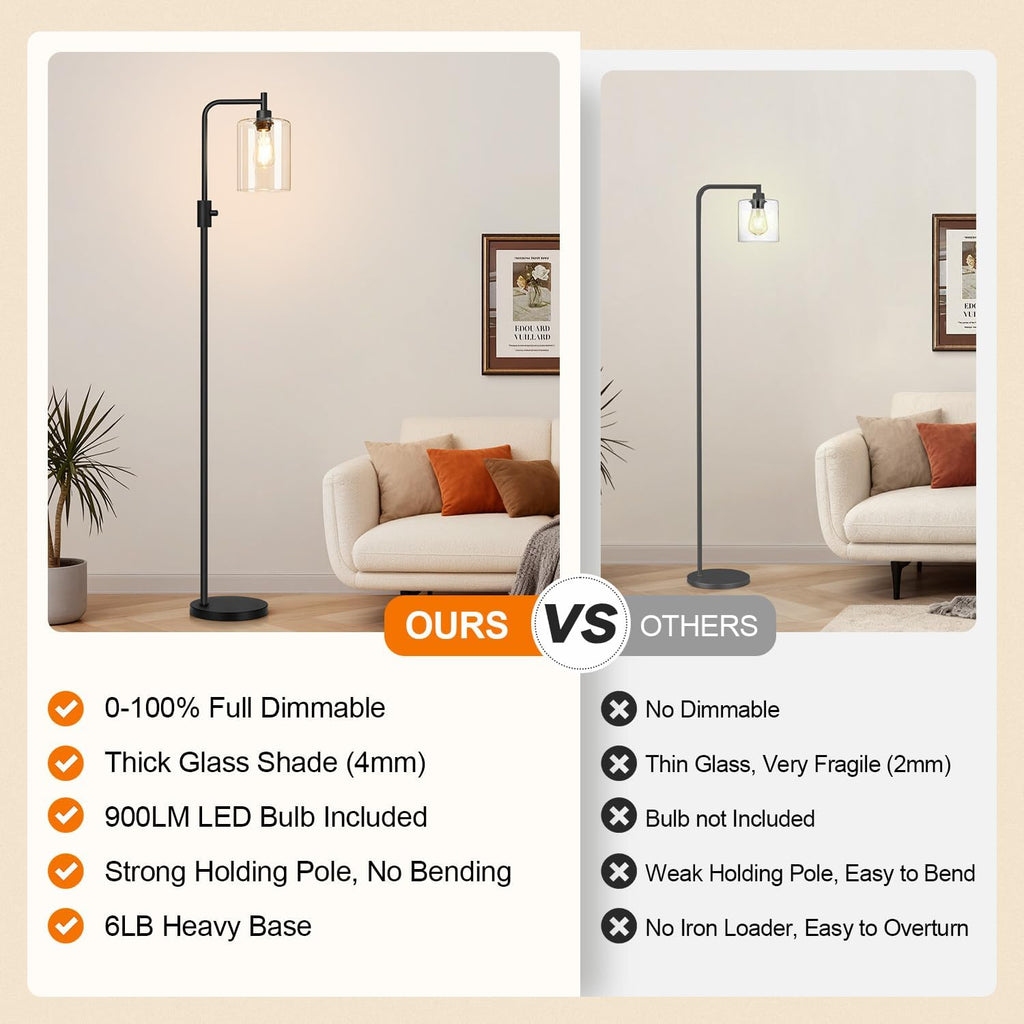 Upgraded】Dimmable Floor Lamp for Living Room with Glass Shade, Black Modern Industrial Floor Lamp with 900LM LED Bulb Included, Bright…