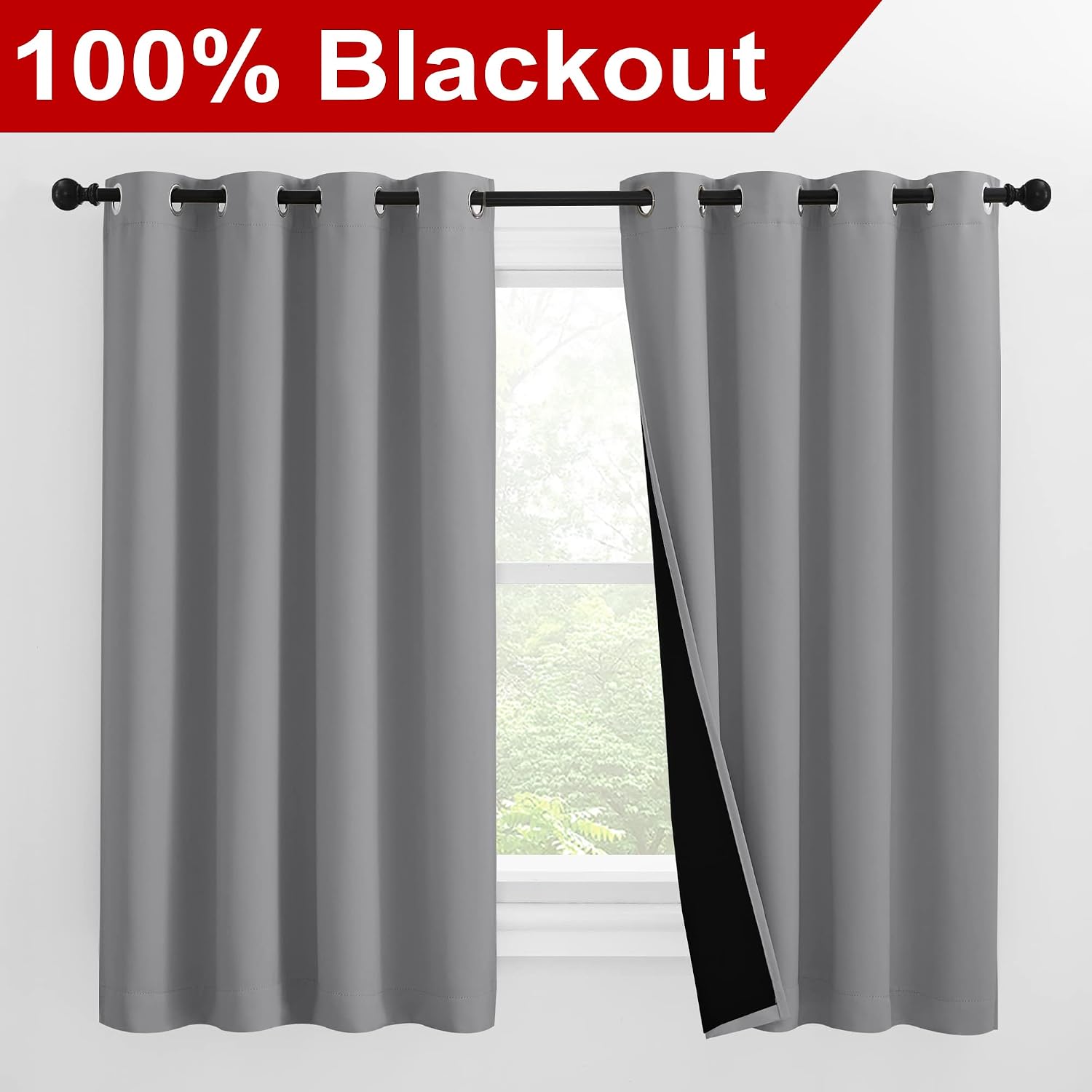 Nicetown Silver Grey 100% Blackout Curtains with Heat and Cold Blocking, Thermal Insulated 2-Layer Lined Drapes, Noise Cancellation Window…