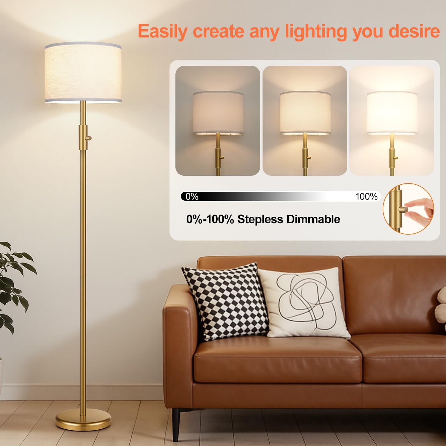 Upgraded】 Dimmable Gold Floor Lamps for Living Room, 9W LED Bulb Included, Modern Standing Lamp with White Lamp Shade, Tall Pole Light…