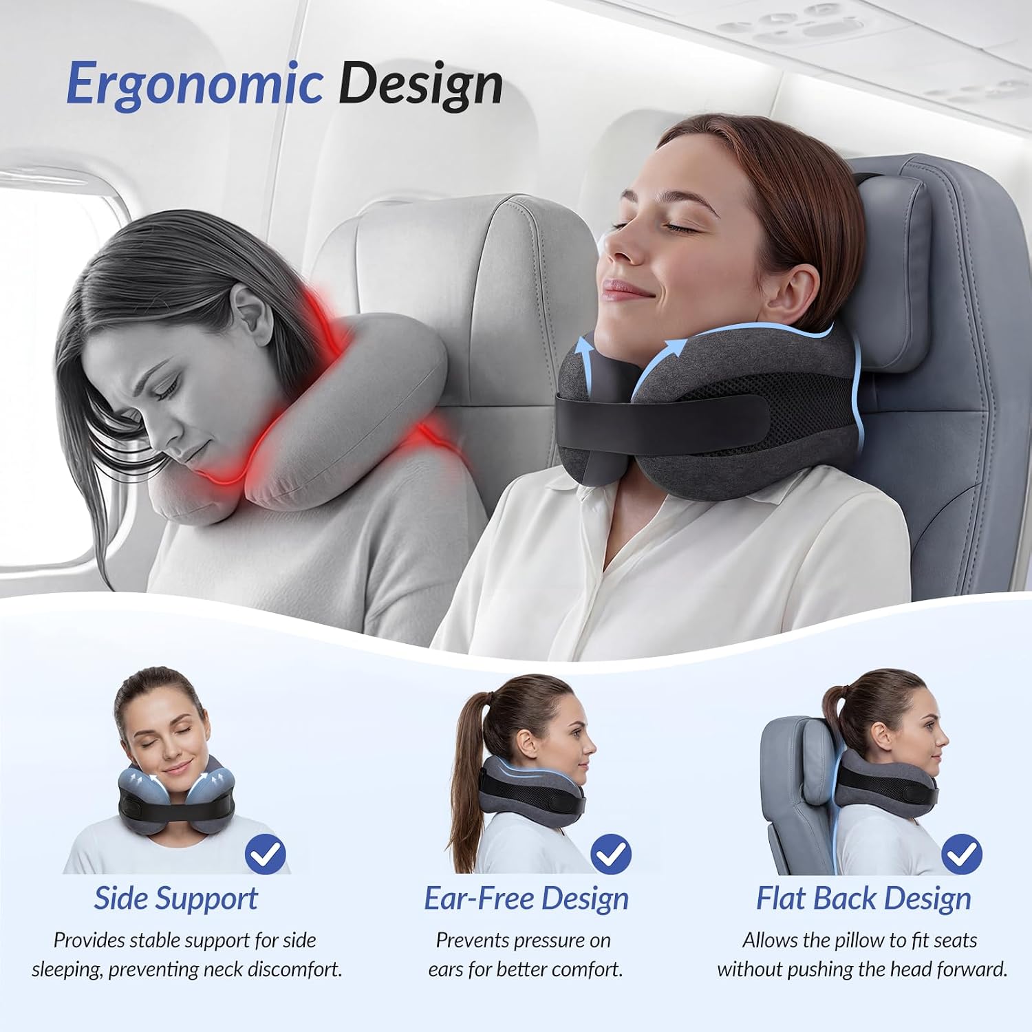 ZIKEE Dual-Layer Memory Foam Neck Pillow for Airplane, Travel Pillow with Seat Straps to Secure Head & Neck, Ergonomic Ear-Friendly Neck…