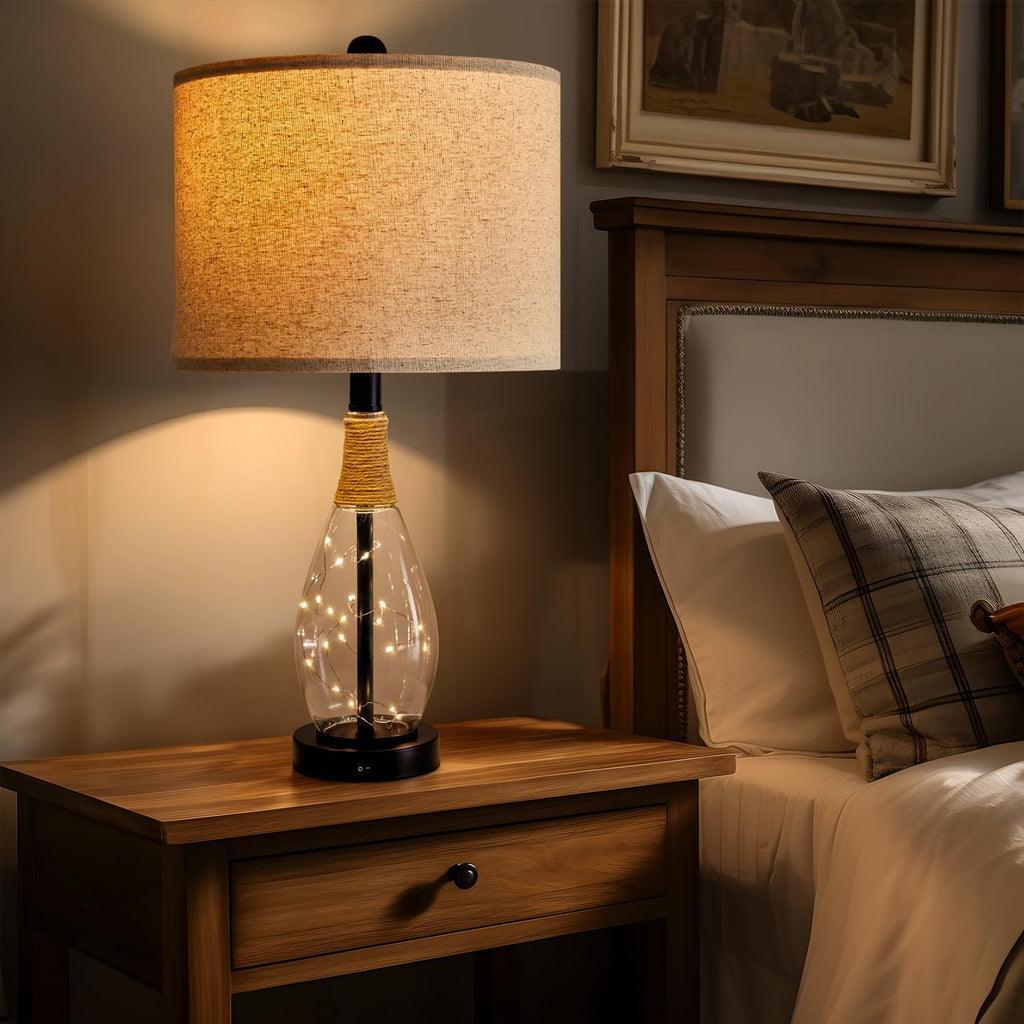 OYEARS Bedside Table Lamp with USB, 23‘’ Black Modern Nightstand Lamps for Bedroom, Retro Rattan Table Lamps for Night Stands, Living…