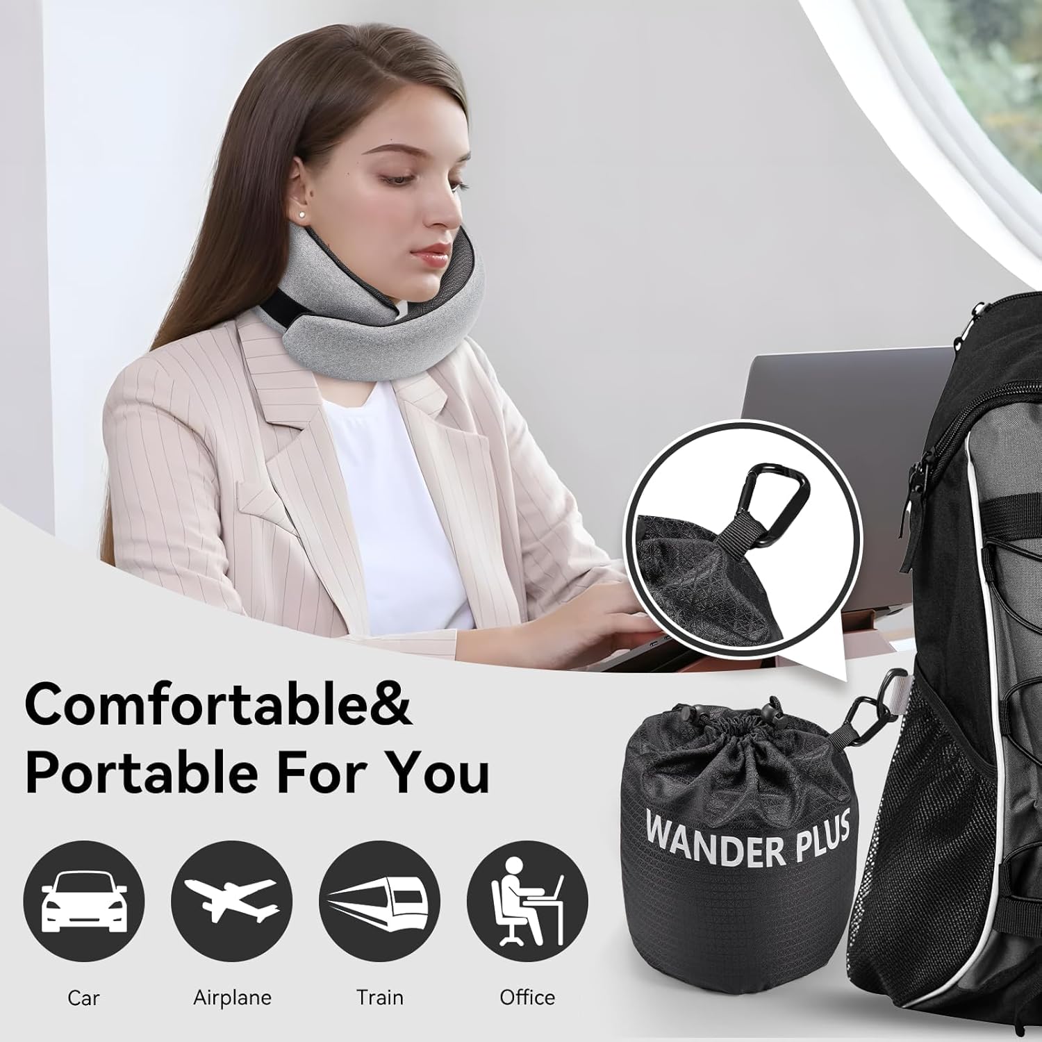 WANDER PLUS® Travel Pillow, 100% Pure Memory Foam Travel Neck Pillow Airplane Neck Support Ergonomic Design Best for Sleeping Plane Car…