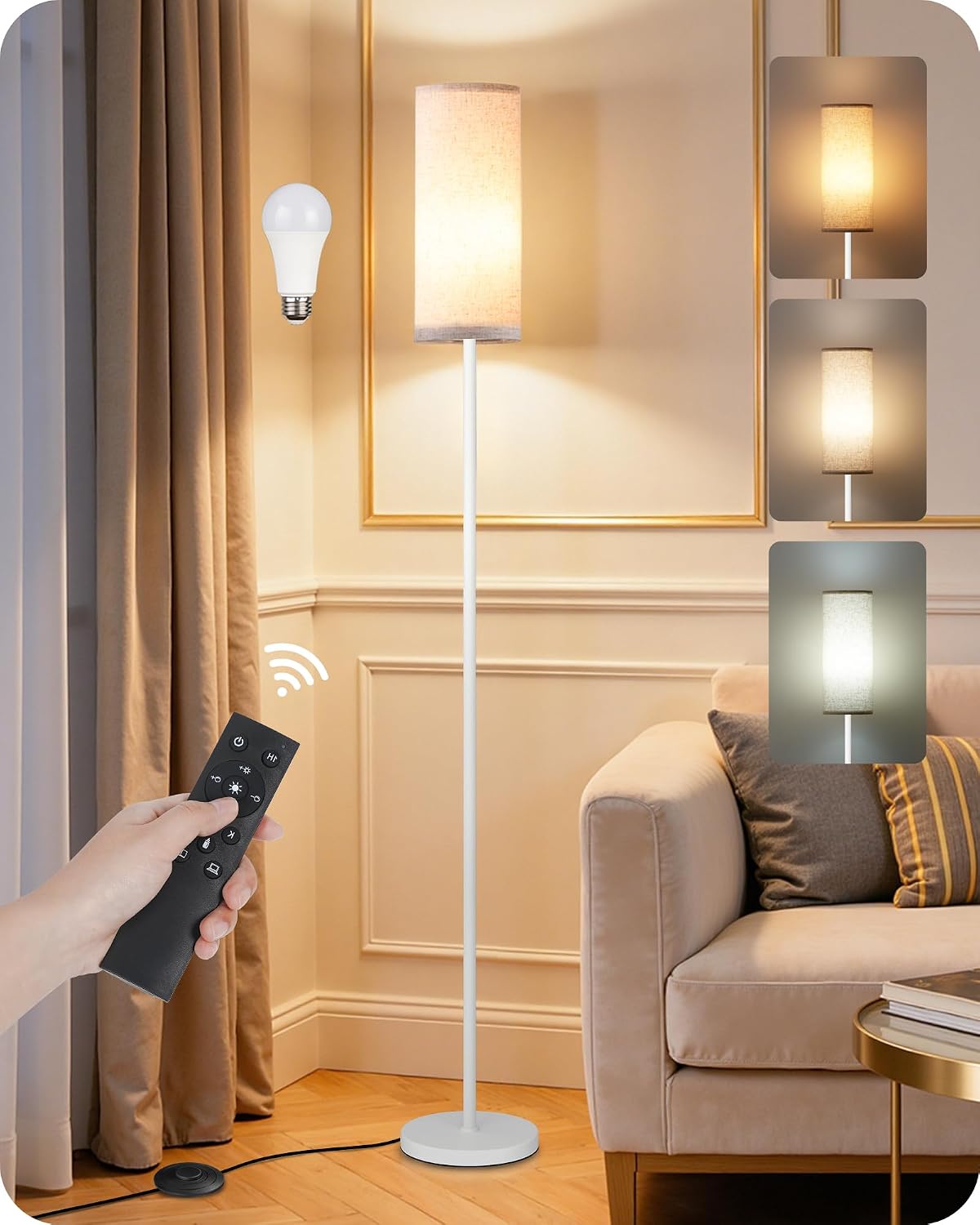 Dimmable Floor Lamps for Living Room with Remote and Foot Switch, 64.4” Modern Standing Tall Lamp, Corner Lamp for Bedroom, Office, Bulb…