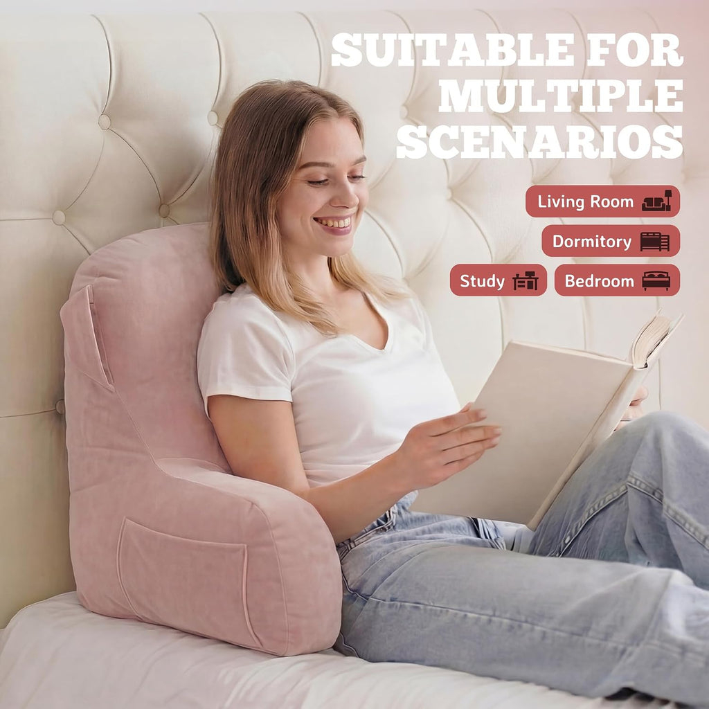 Unisakey Portable Comfy Reading Pillows for Bed Sitting Up(Pink Oeko-Tex), Velvet Back Pillow with Arms & Pockets for Adults, Support…