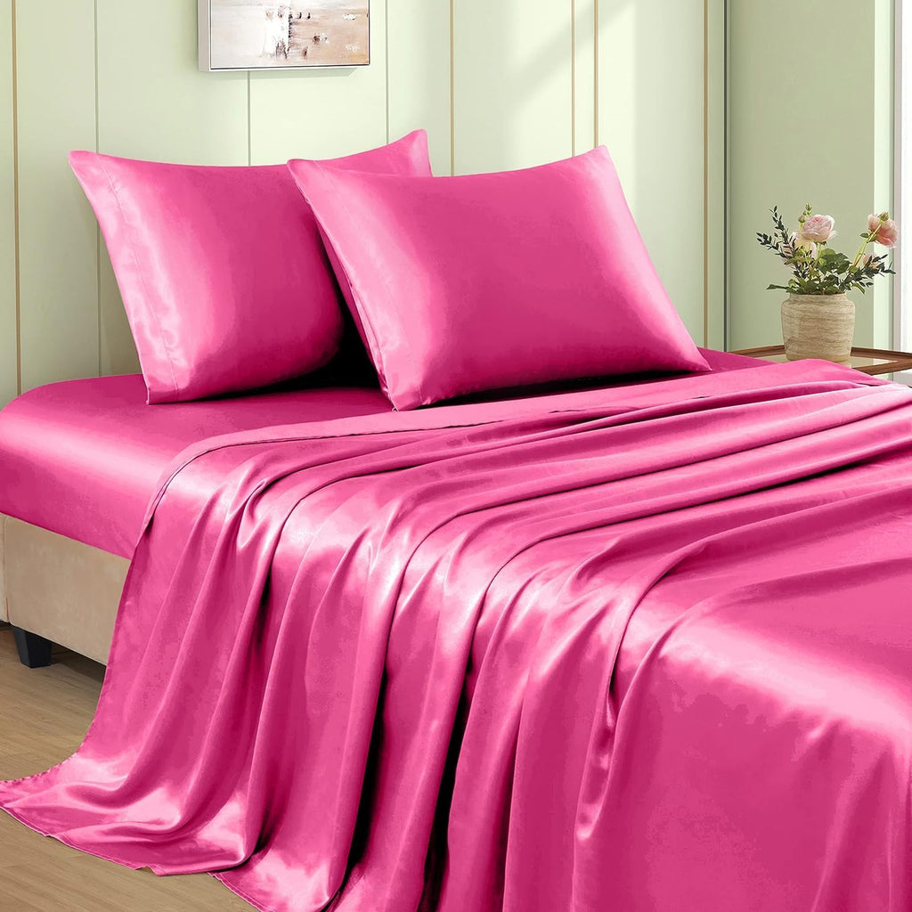 VACVELT 3pcs Hot Pink Satin Sheets Twin XL Size Bed Set, 15 Inch Deep Pocket Silky Satin Sheet Set, Soft Satin Bedding Set Cooling &…
