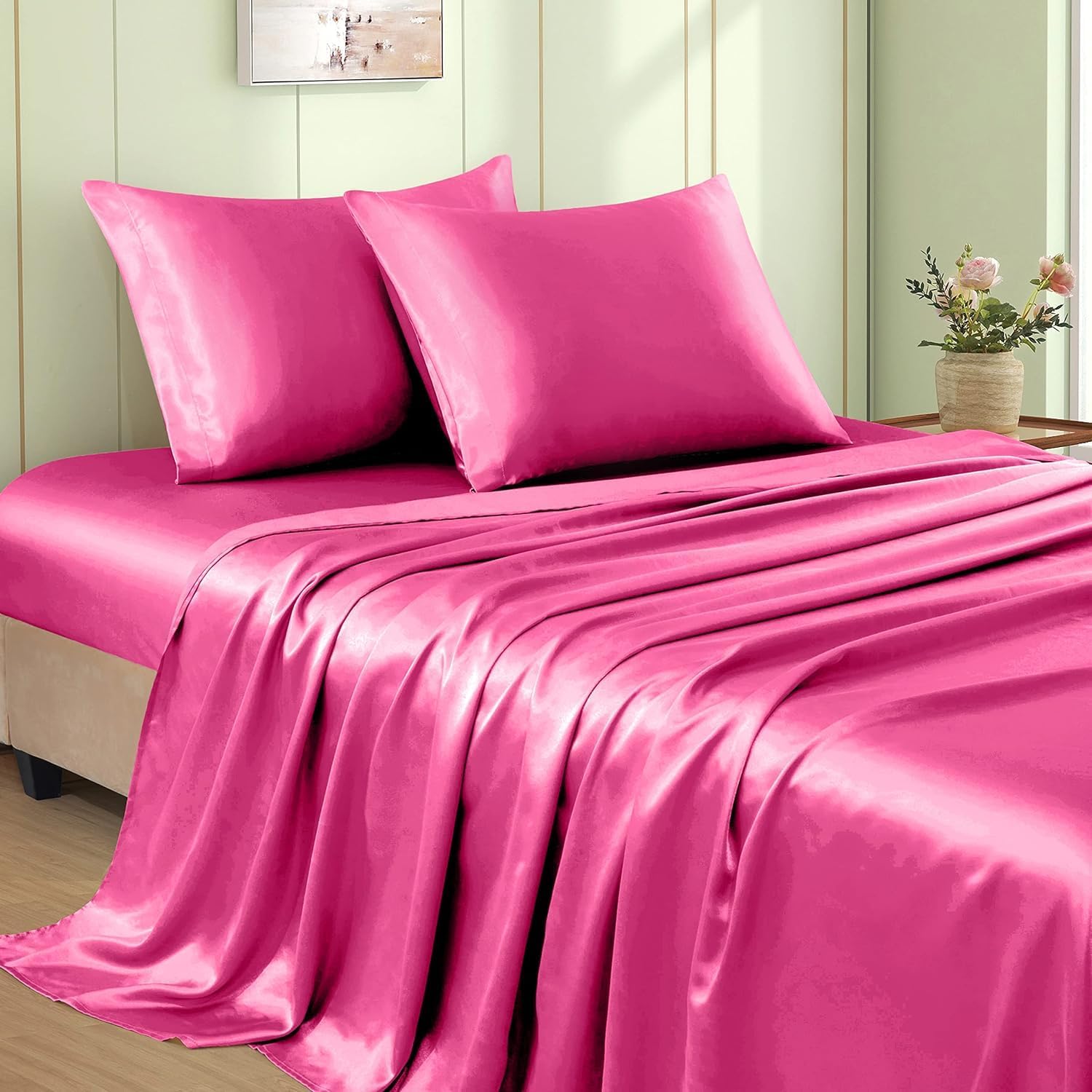 VACVELT 3pcs Hot Pink Satin Sheets Twin XL Size Bed Set, 15 Inch Deep Pocket Silky Satin Sheet Set, Soft Satin Bedding Set Cooling &…