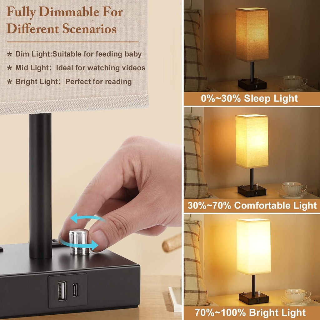 aooshine Fully Dimmable Nightstand Lamps Set of 2 - Table Bedside Lamp with USB C+A Charging Ports & 2 AC Outlets, Square Lamp Sets Linen…