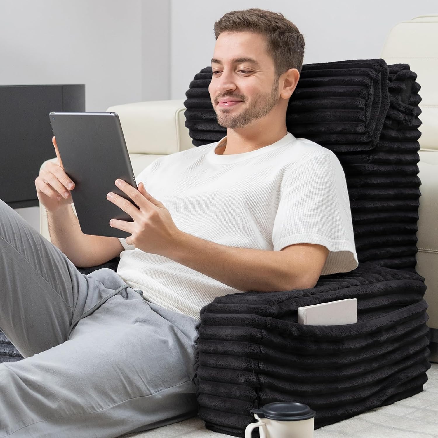 ENITYA Reading Pillow for Bed Sitting Up, 24” XXL Back Support Pillow with Arms & Large Pockets, Adult Backrest for Reading, TV, Gaming…