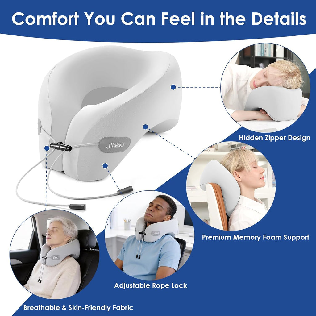 jiaao Travel Pillow Memory Foam Neck Pillow for Airplanes with Adjustable Drawstring Support, Gray Travel Neck Pillow for Flights, Road Tri…