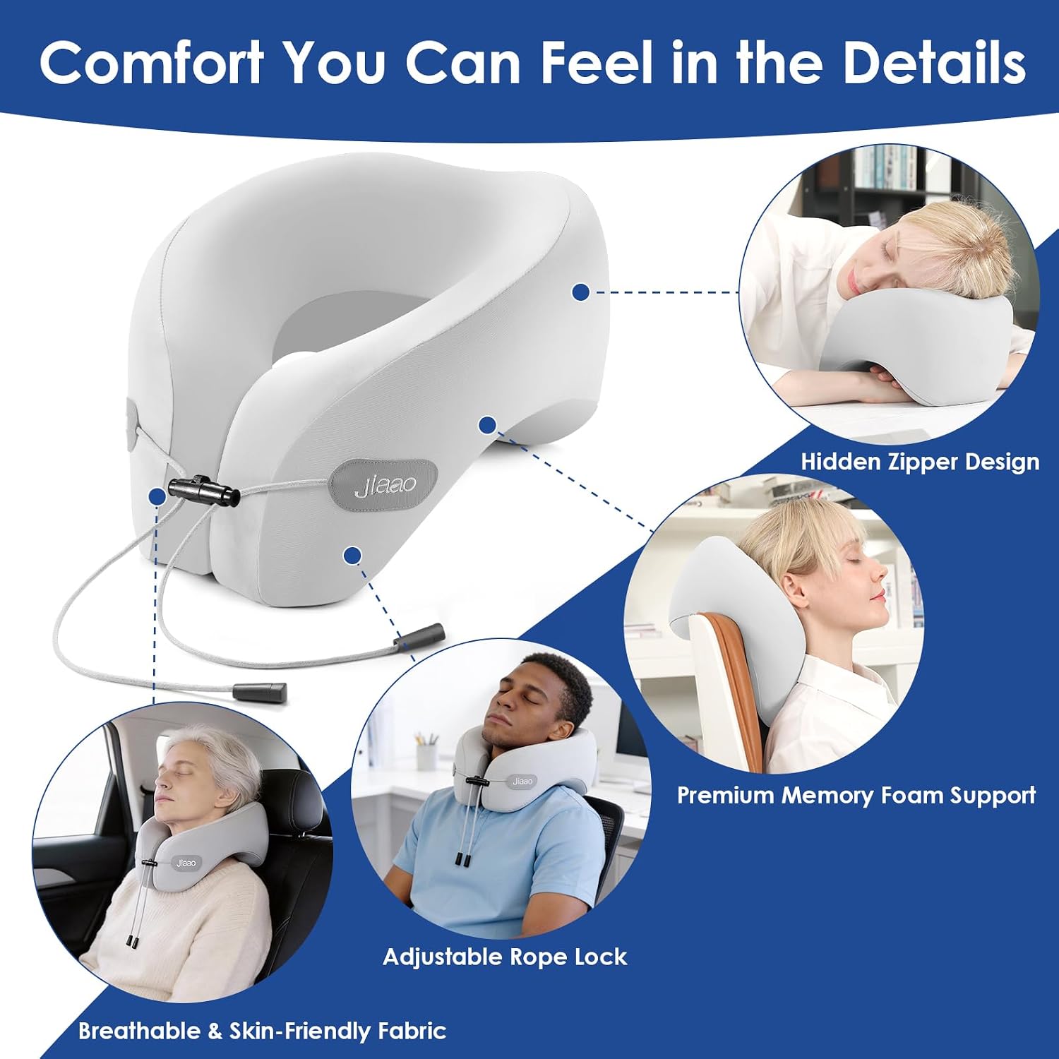 jiaao Travel Pillow Memory Foam Neck Pillow for Airplanes with Adjustable Drawstring Support, Gray Travel Neck Pillow for Flights, Road Tri…