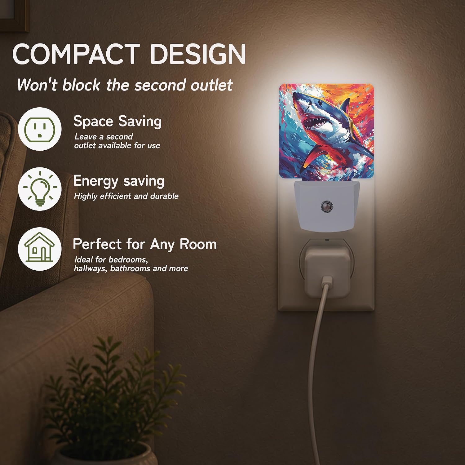 Night Light, Colorful Shark Splash Night Lights Plug into Wall Decor for Bedroom Bathroom Hallway Kitchen, Dusk to Dawn Sensor Gift for…