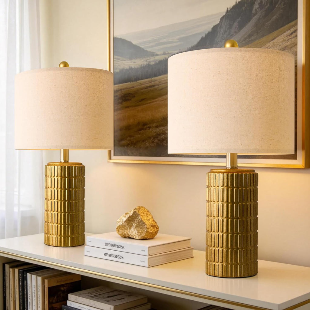 PoKat 20.75" Brass Gold Ceramic Table Lamps Set of 2 for Living Room, Small Retro Bedside Lamps for Bedroom, Nightstand Lamps for Home…