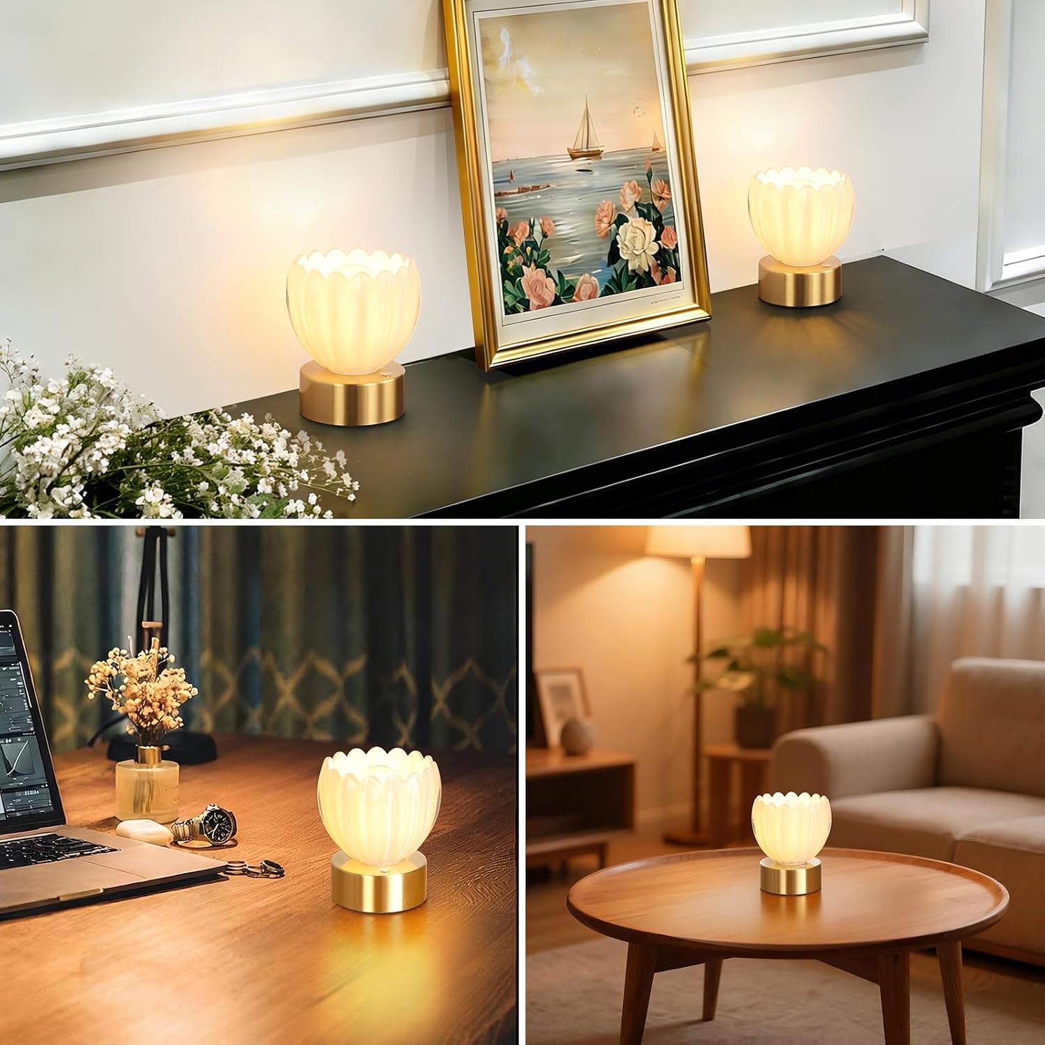 Shenmoyl Cordless Small Table Lamp with 5200mAh Battery & Touch Control, Battery Operated Tulip Table Lamp with 3 Colors, Rechargeable…