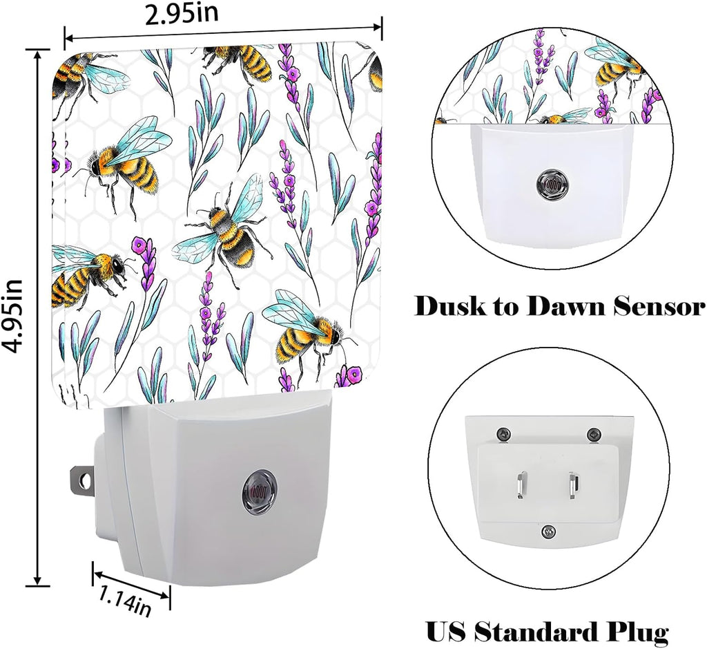 Bees and Lavender Flowers Night Light, Plug-in Night Lights with Dusk-to-Dawn Sensor for Stairway, Hallway, Bedroom Sleep Friendly Ideal for…