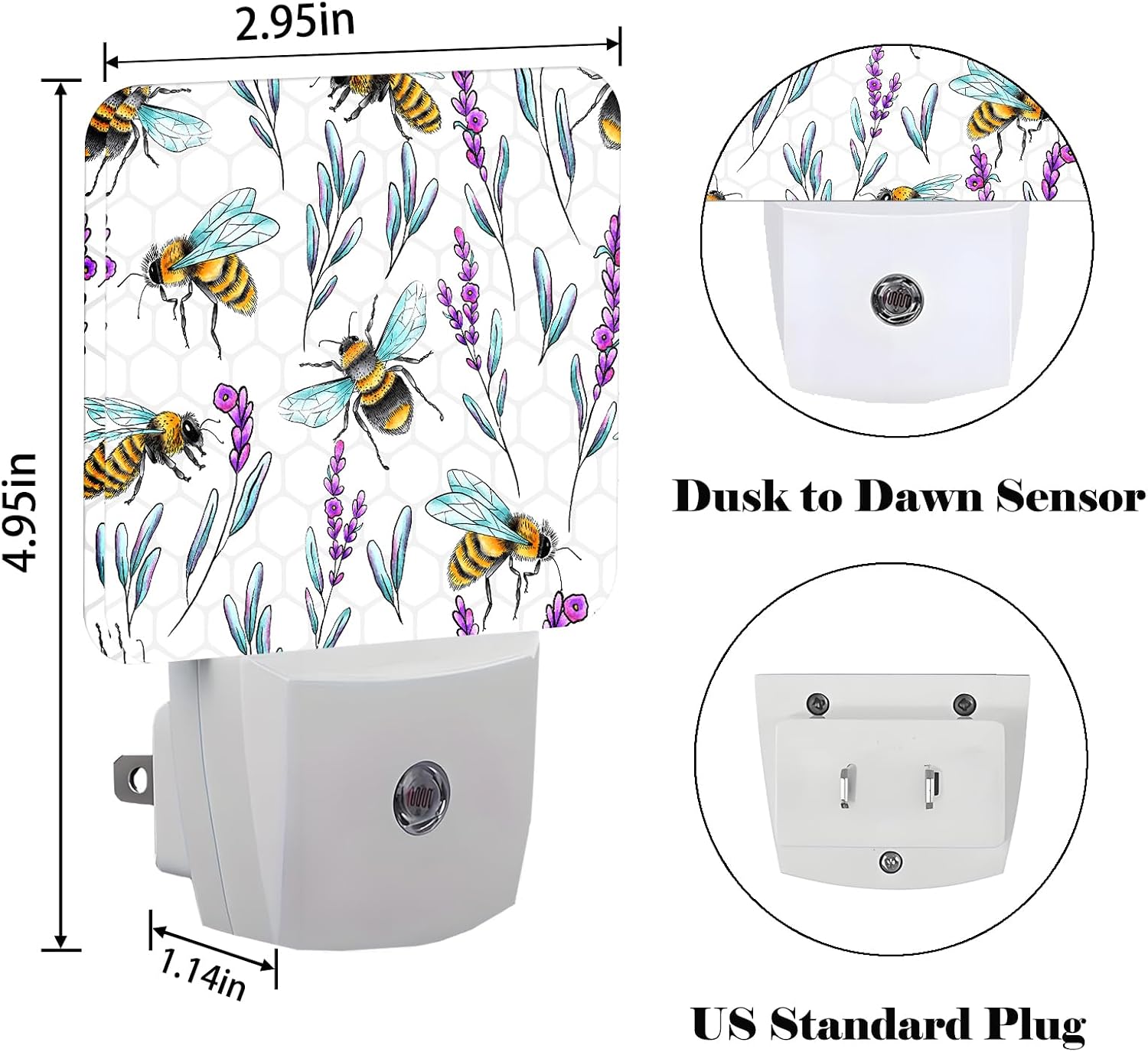 Bees and Lavender Flowers Night Light, Plug-in Night Lights with Dusk-to-Dawn Sensor for Stairway, Hallway, Bedroom Sleep Friendly Ideal for…