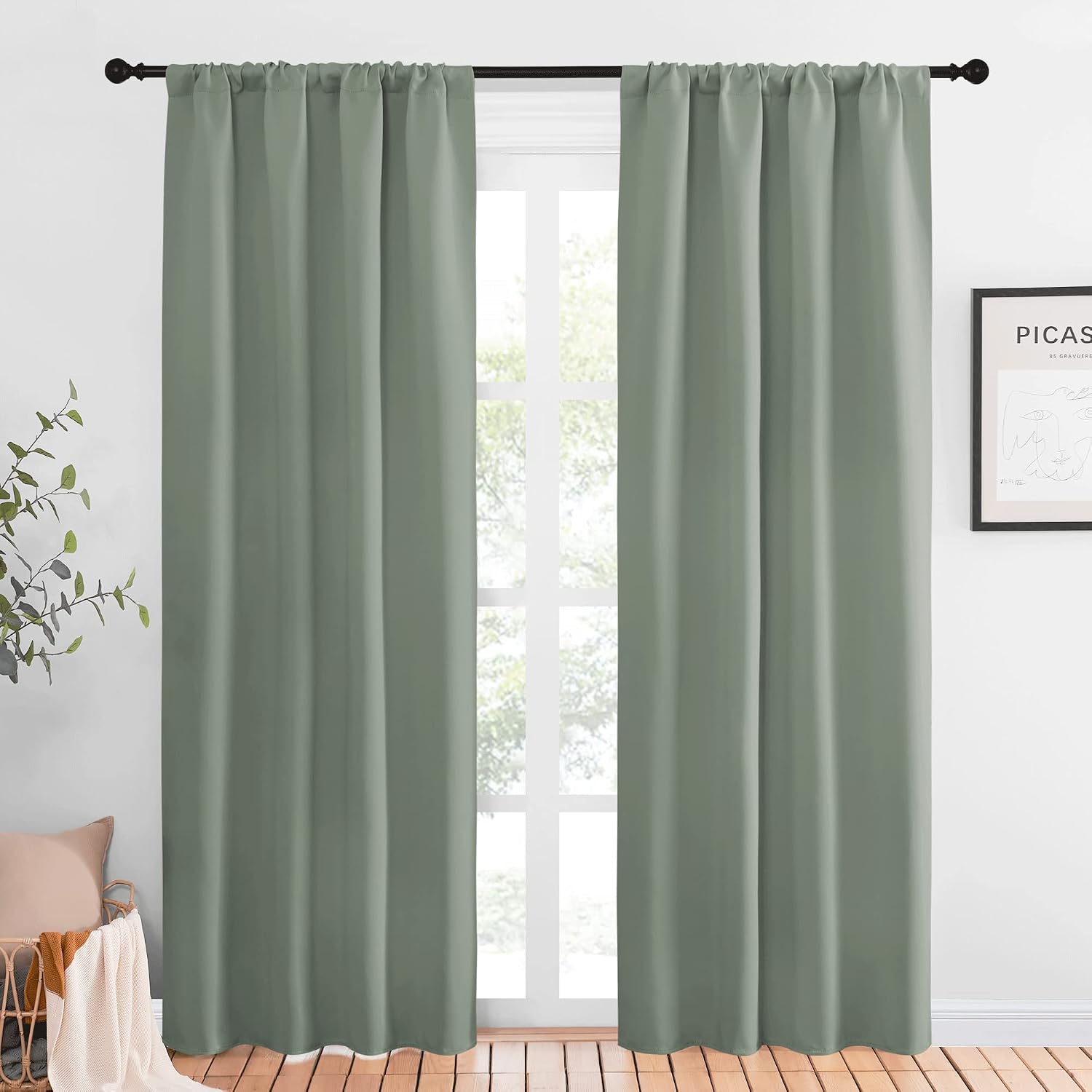 NICETOWN Window Curtains Blackout Drapes - Thermal Insulated Solid Rod Pocket Blackout Curtains/Draperies for Living Room (Greyish Green…