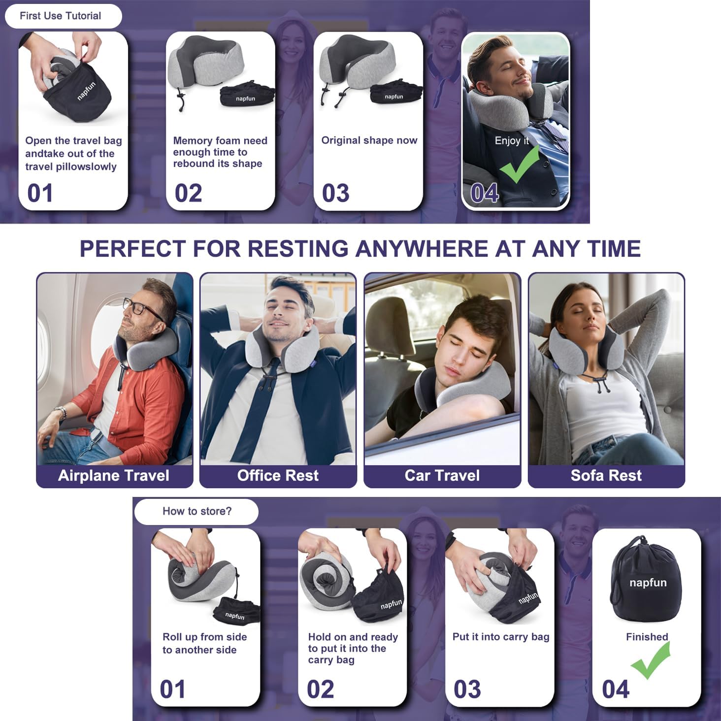 napfun Neck Pillow for Traveling, Upgraded Travel Neck Pillow for Airplane 100% Pure Memory Foam Travel Pillow for Flight Headrest Sleep…