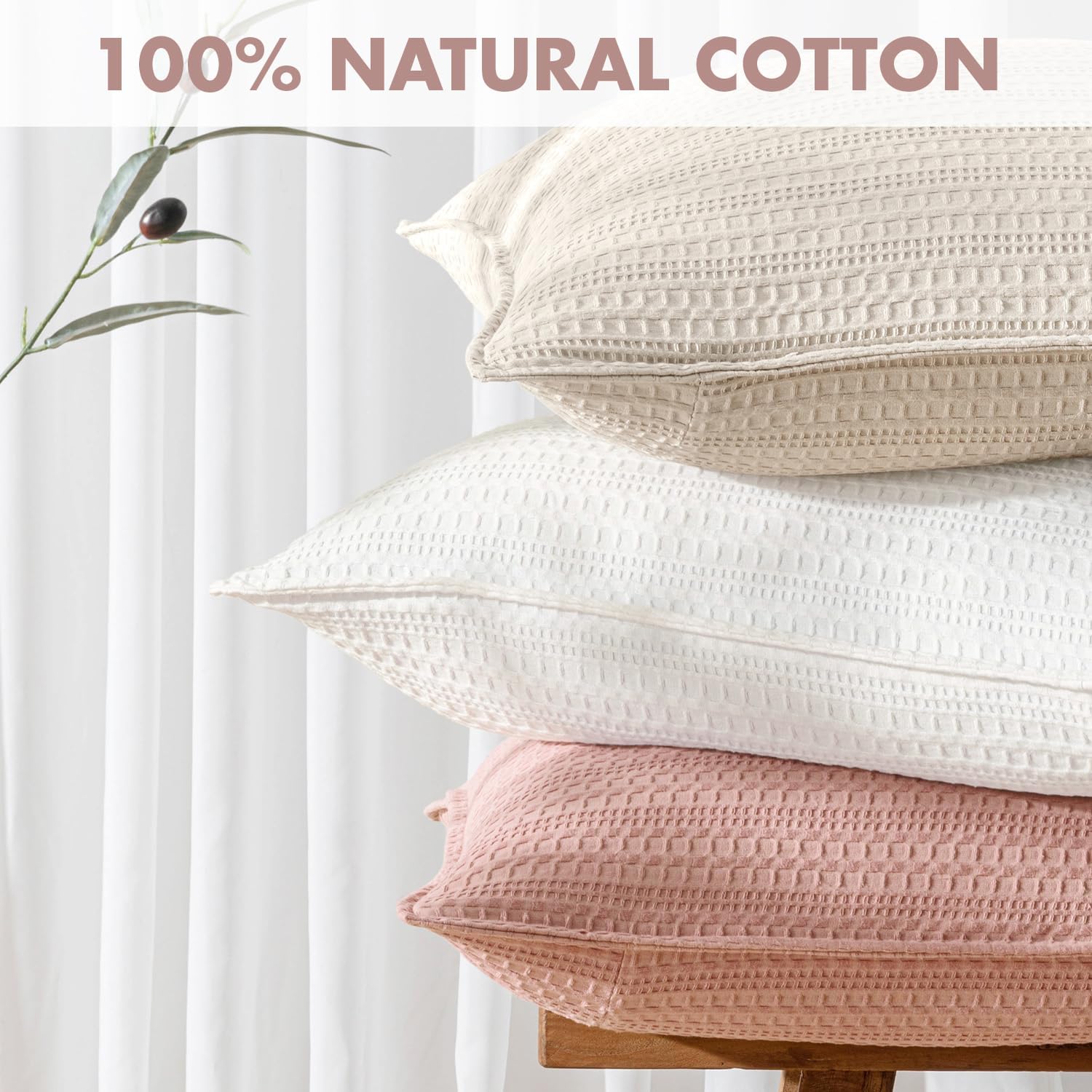 Set of 2 Decorative 100% Cotton Waffle Euro Sham Pillow Covers 26x26, Neutral Throw Pillows Weave European Cushion Cases for Couch Sofa…
