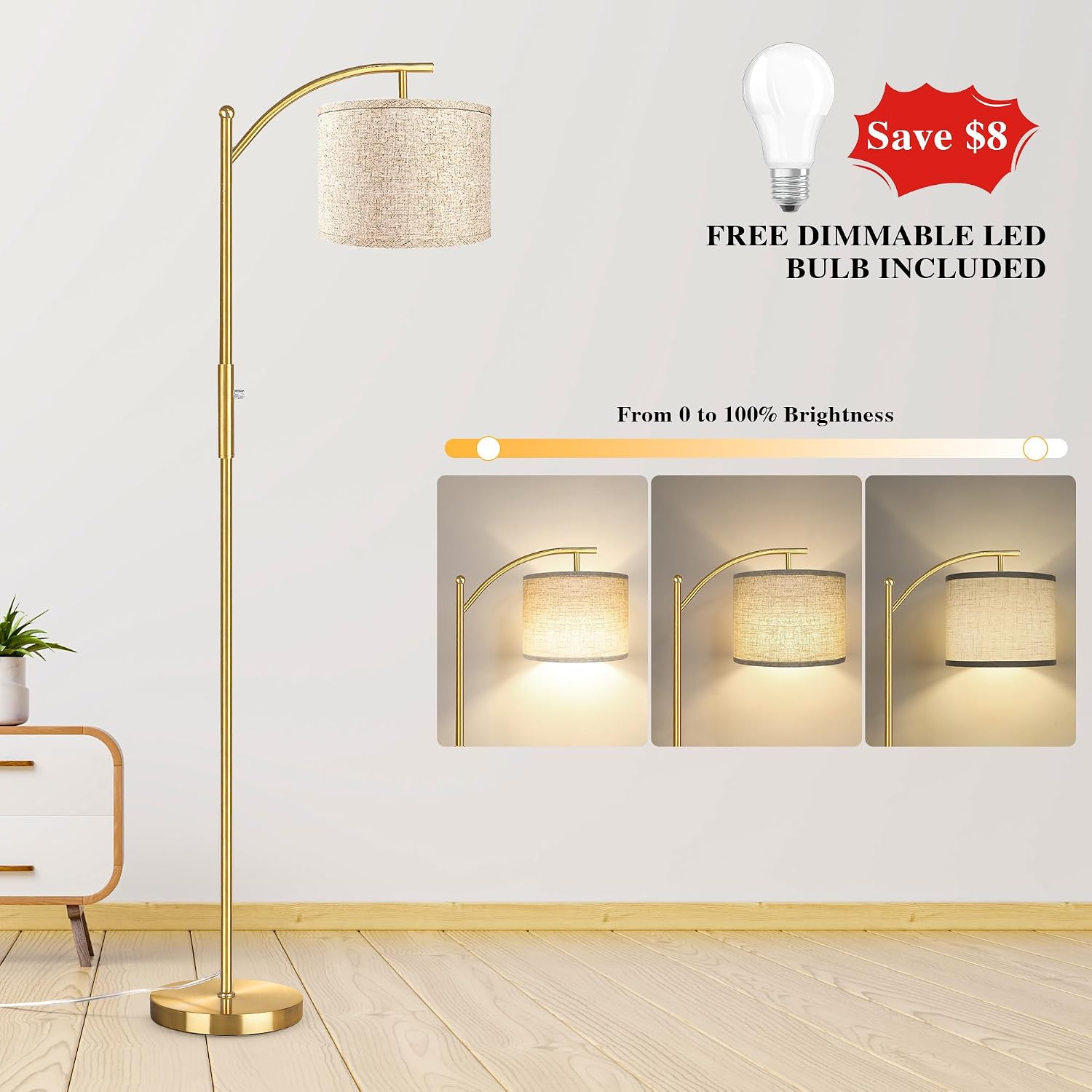 ROTTOGOON Dimmable Floor Lamp, Arc Floor Lamps for Living Room, Stepless Dimming Modern Standing Lamp with Linen Shade, Tall Lamp for…