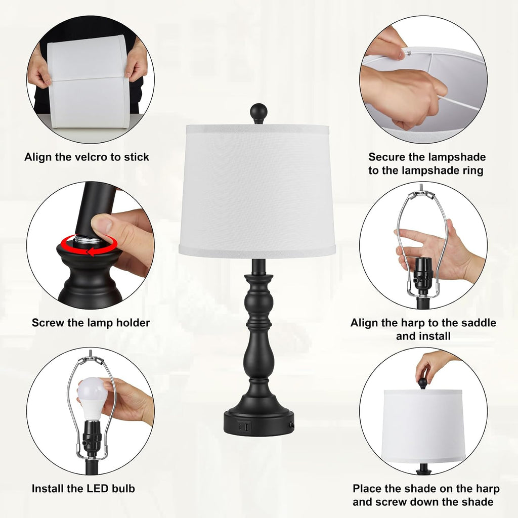 Farmhouse Side Table Lamps for Living Room Set of 2 with USB C+A Ports, Bedside Lamp for Bedroom, Dining Room Decor, Office, End Table…