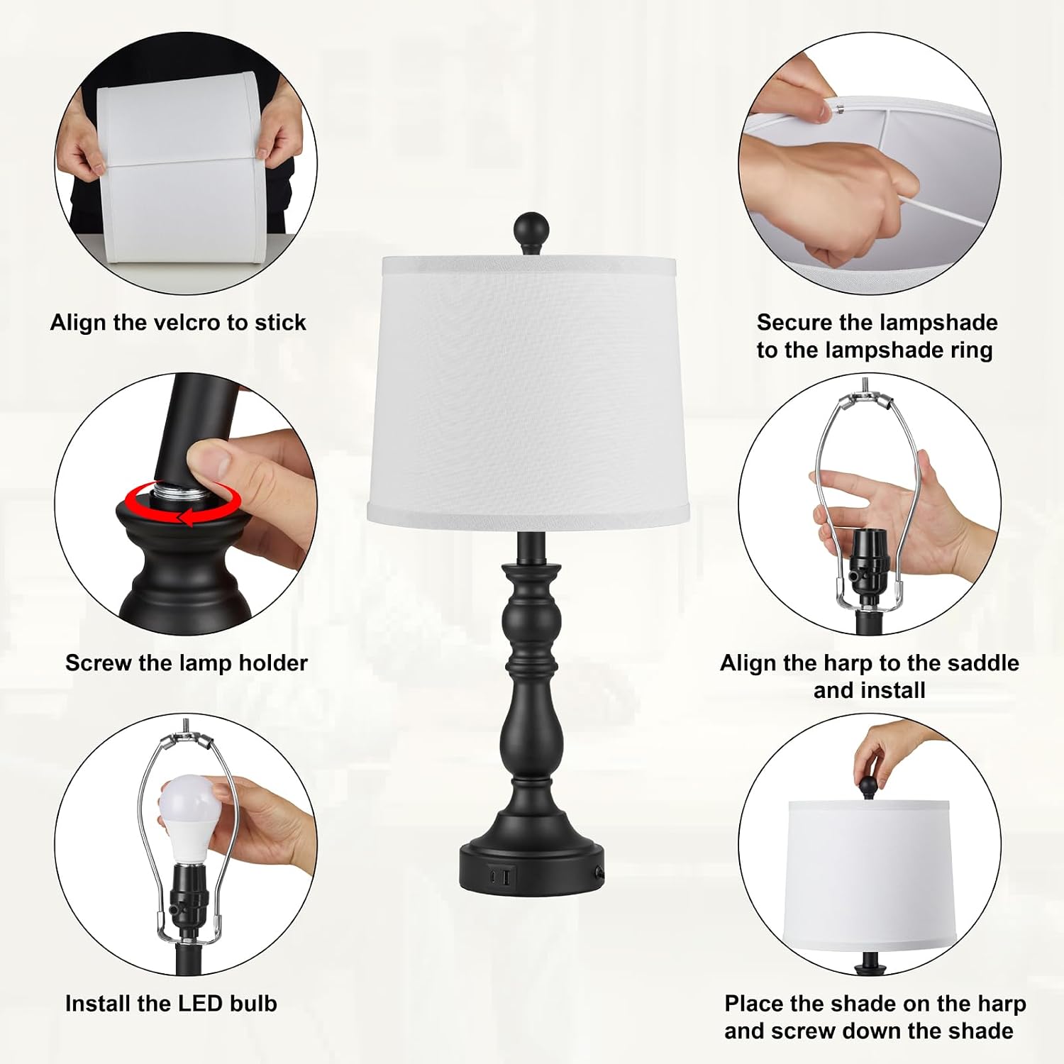 Farmhouse Side Table Lamps for Living Room Set of 2 with USB C+A Ports, Bedside Lamp for Bedroom, Dining Room Decor, Office, End Table…