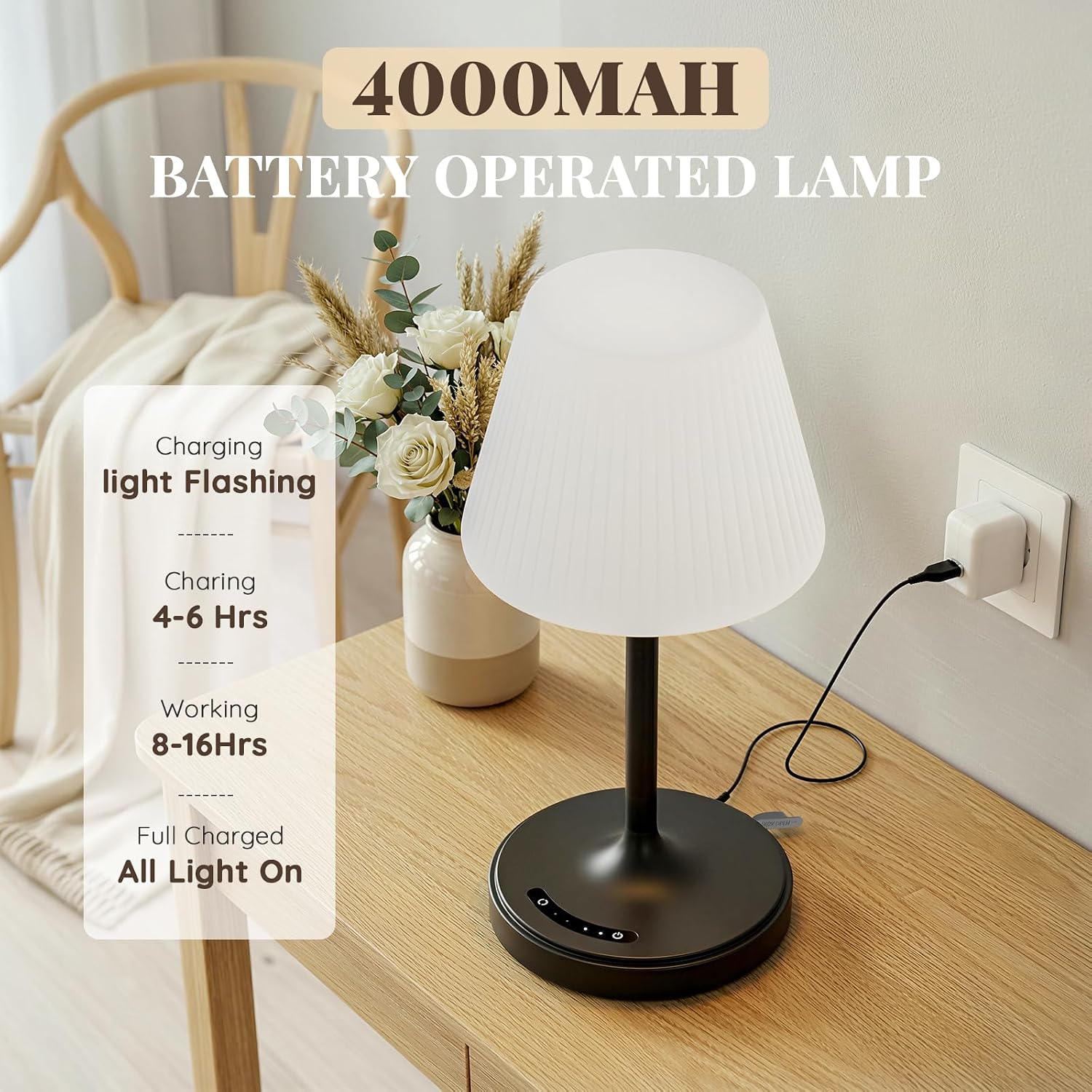 Audles Cordless Table Lamp, Waterproof Shower Lamp, 4000mAh Rechargeable Table Lamps, 3-Color Dimmable Light, Battery Operated Lamp Desk Ni…