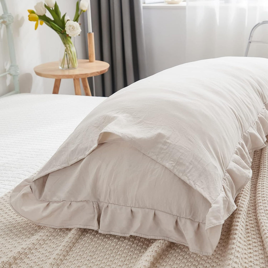 Merryword Beige Grey Body Pillow Cover 20x54inches Long Pillowcase Ruffled Pillowcases Shabby Chic Ruffled Fringe Decor Cute Body Ruffled P…