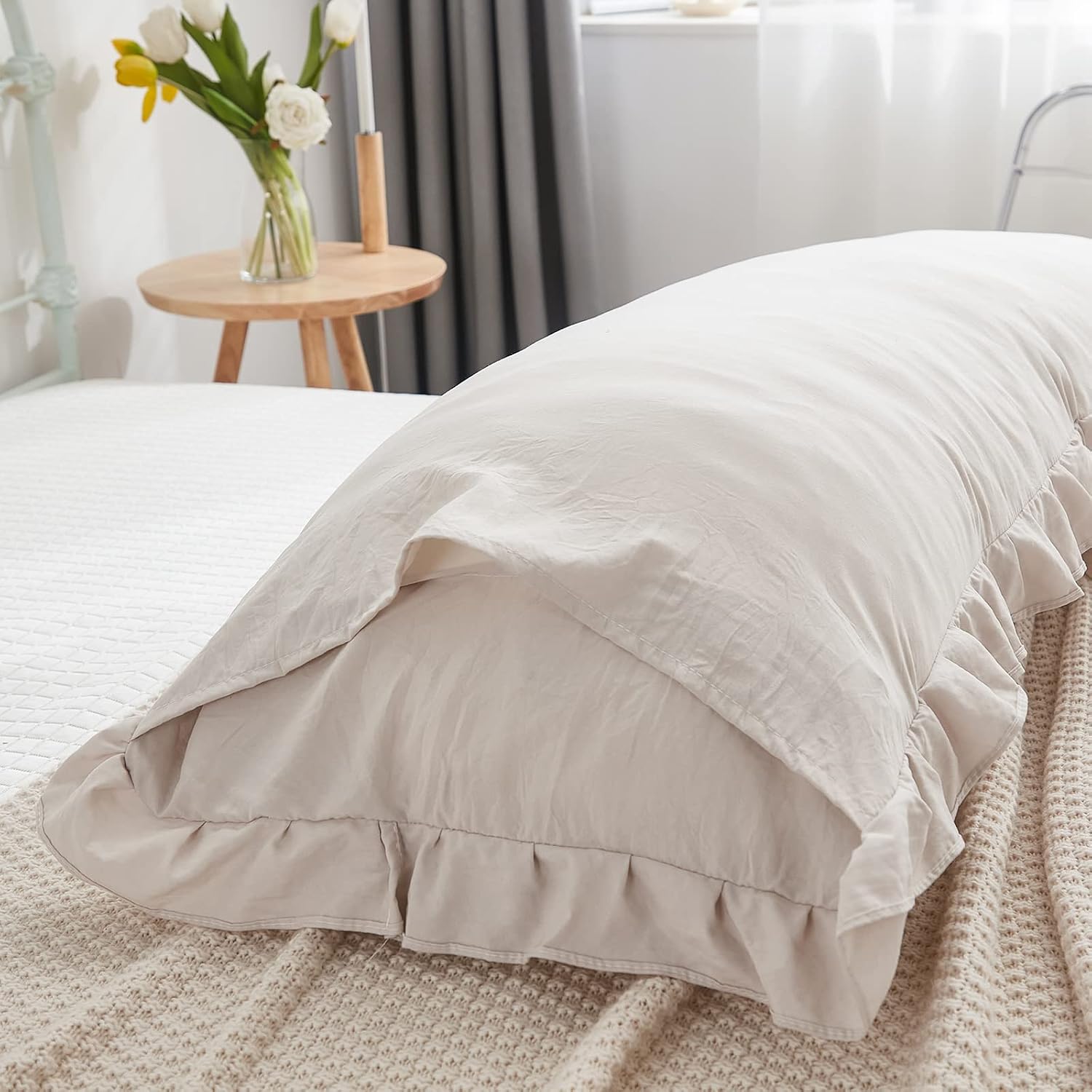 Merryword Beige Grey Body Pillow Cover 20x54inches Long Pillowcase Ruffled Pillowcases Shabby Chic Ruffled Fringe Decor Cute Body Ruffled P…