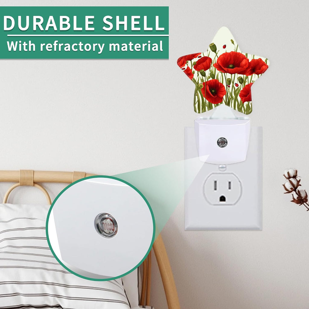 Star Night Light with Dusk to Dawn Sensor, Red Flowers Plug in Night Light for Kids Bedroom Nursery, Soft Warm Glow Lamp for Hallway…