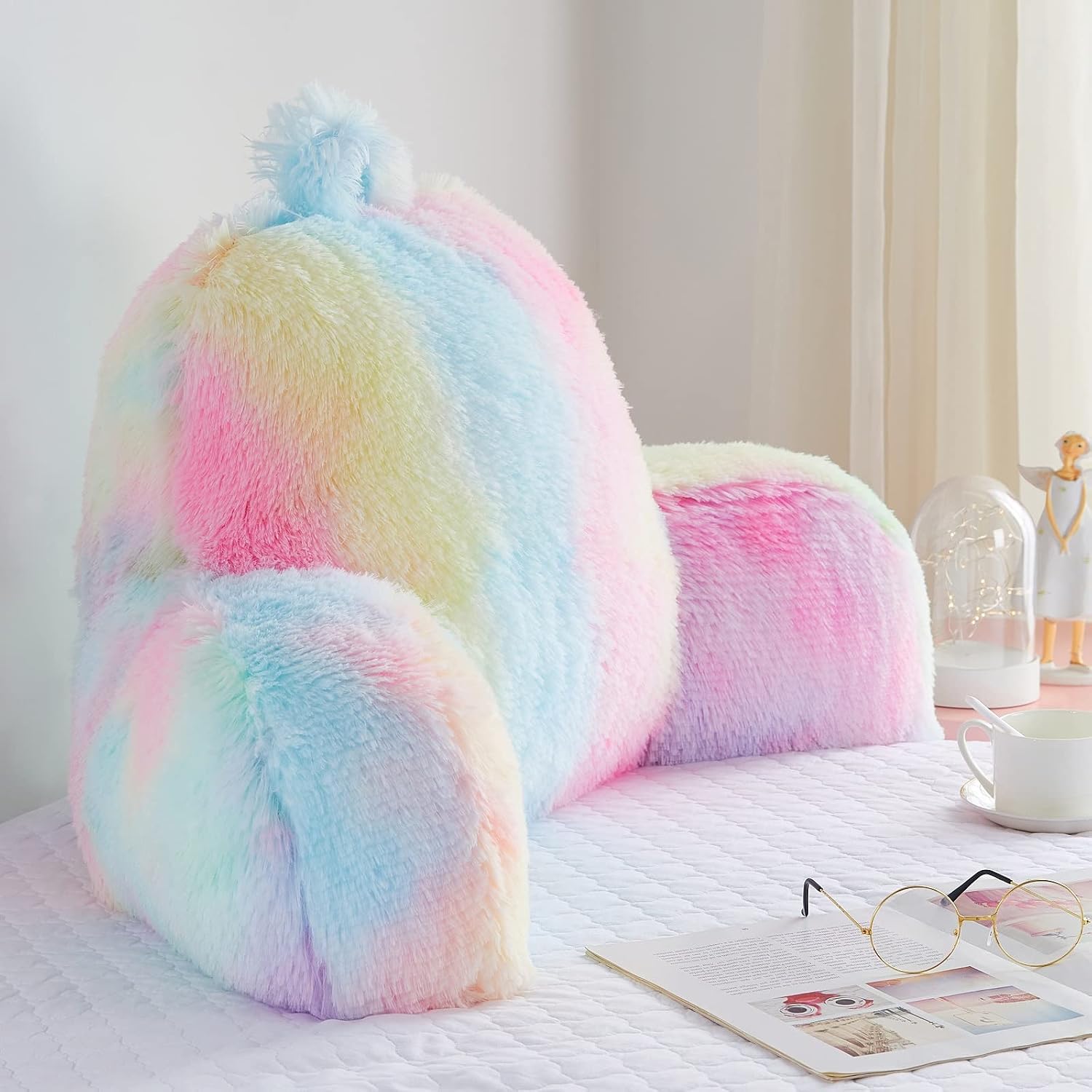 Bedriping Reading Pillow for Bed - Faux Fur Backrest Pillow with Arms, Reading & Bed Rest Pillows Rainbow Colors, Fluffy Sit Up Pillow, Stu…